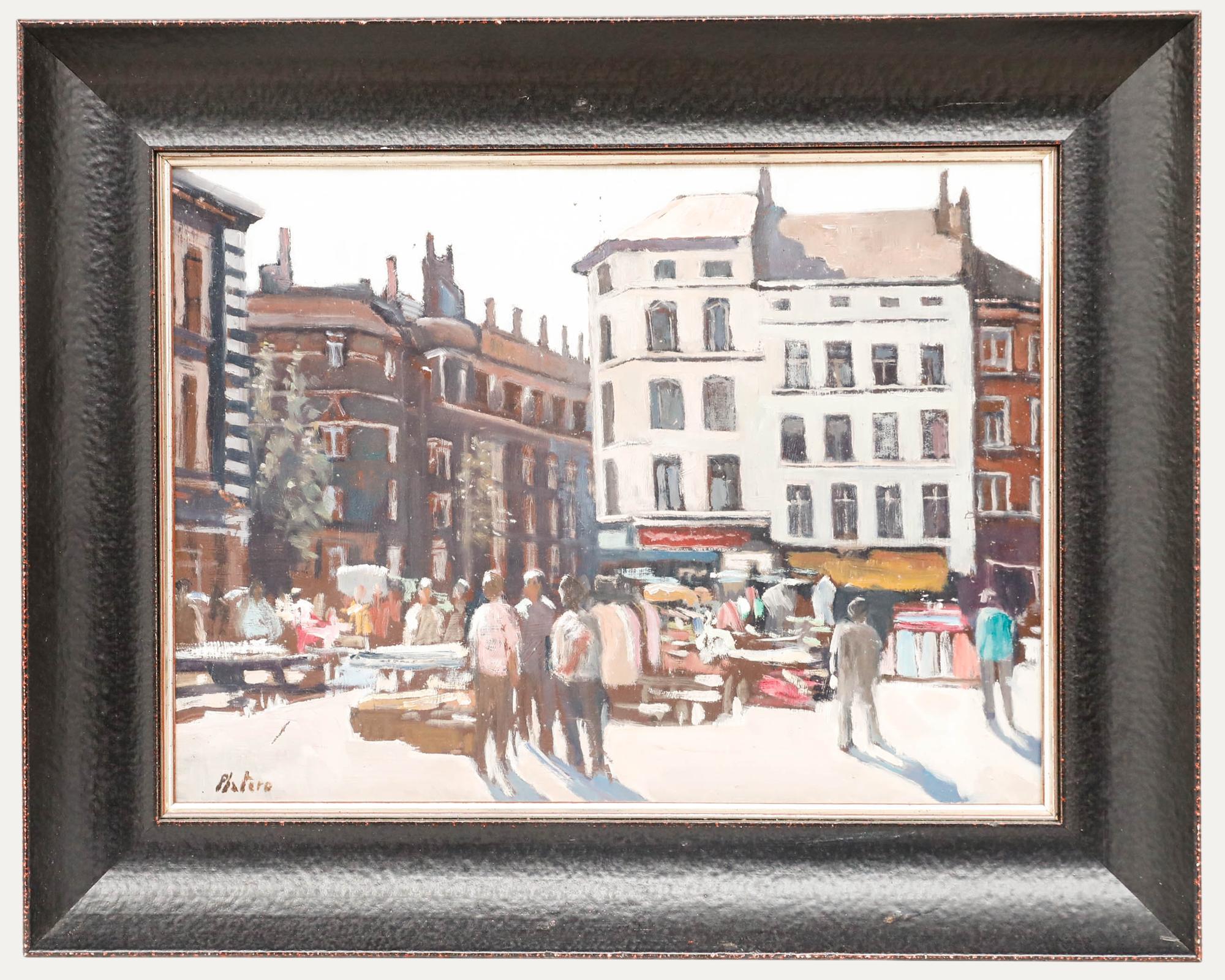 Landscape Painting di Unknown - Mario Platero (1942-2002) - Olio del XX secolo incorniciato, Mercato delle pulci a Bruxelles