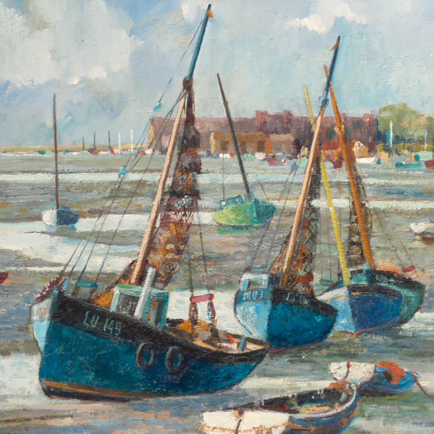Marion Coker - Gerahmtes Ölgemälde des 20. Jahrhunderts, Fischerboote mit niedrigem Tide (Grau), Figurative Painting, von Unknown