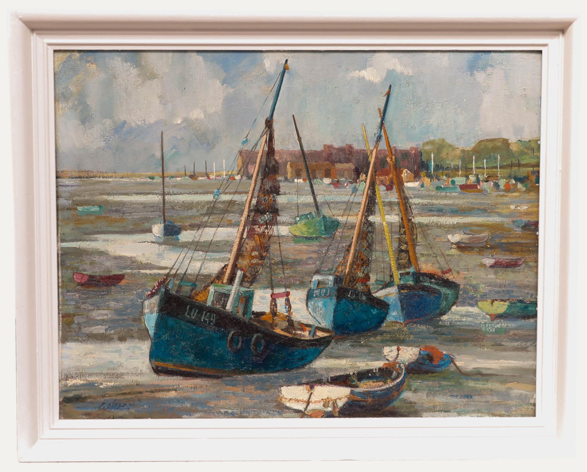 Marion Coker - Gerahmtes Ölgemälde des 20. Jahrhunderts, Fischerboote mit niedrigem Tide