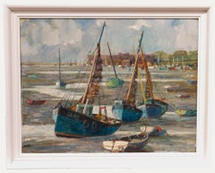 Vintage Marion Coker - Framed 20th Century Oil, Fishing Boats at Low Tide