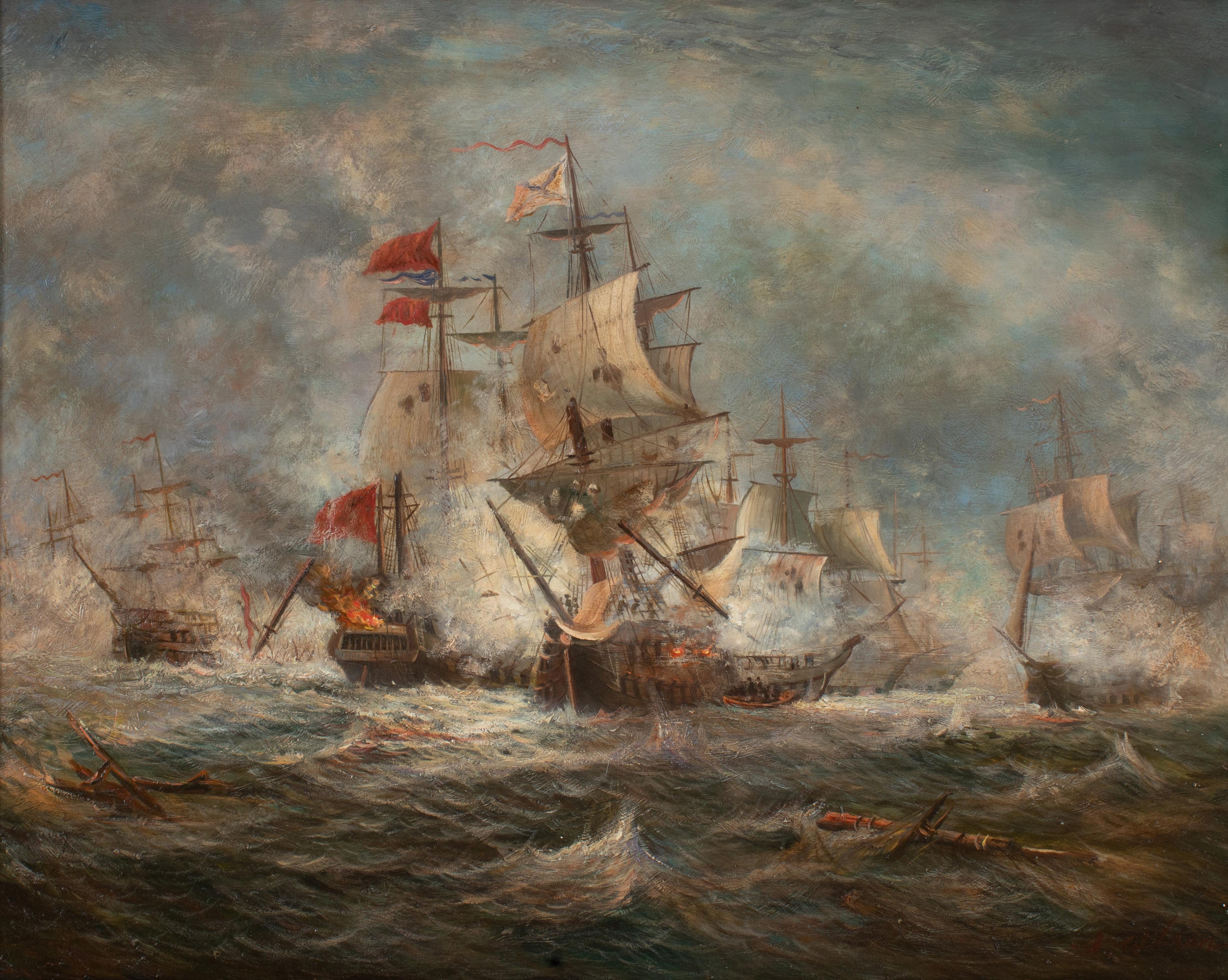 Maritime Battle Scene - Painting by Unknown