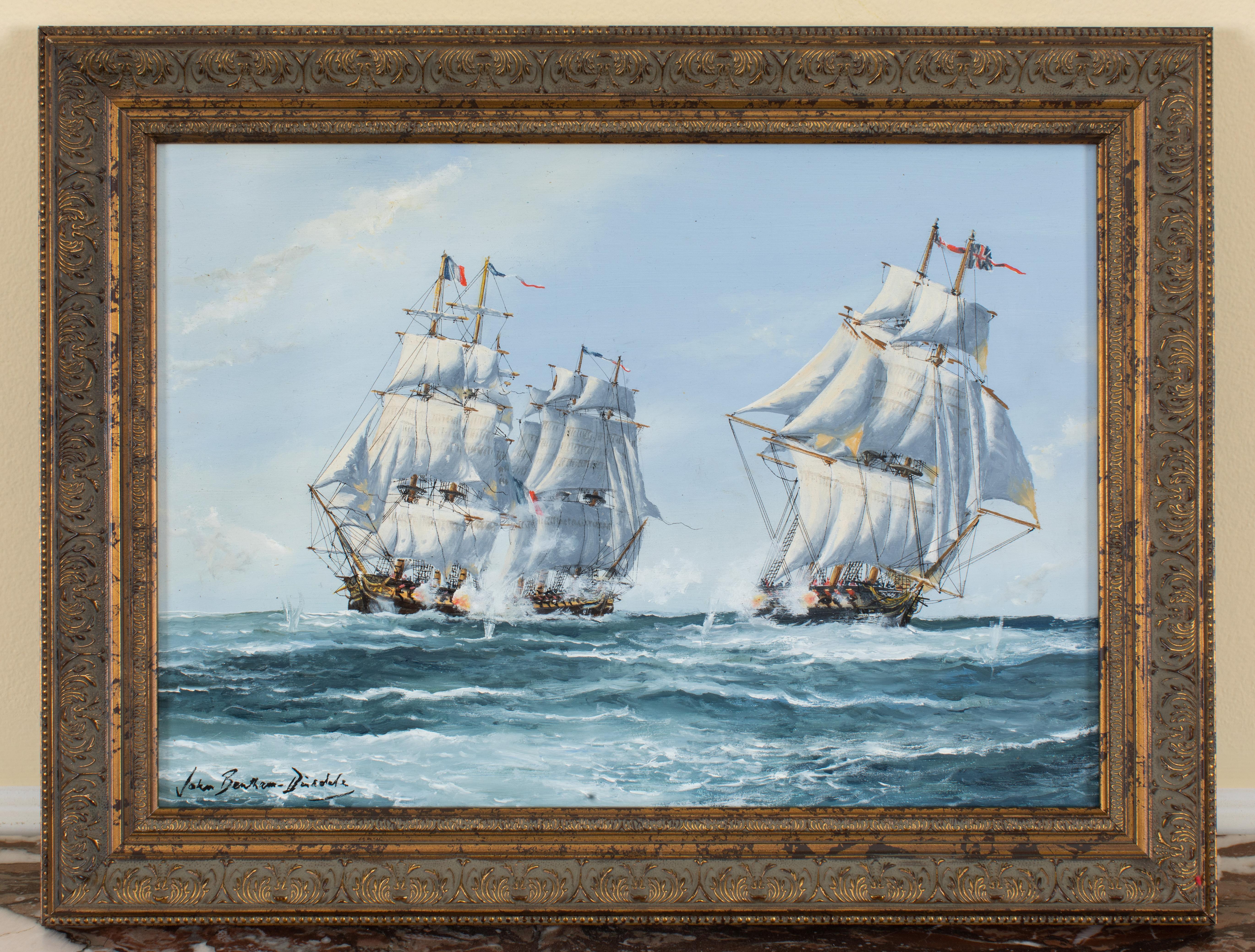 Maritime painting of two ships flying French and British Flags, at sea. Signed, 
