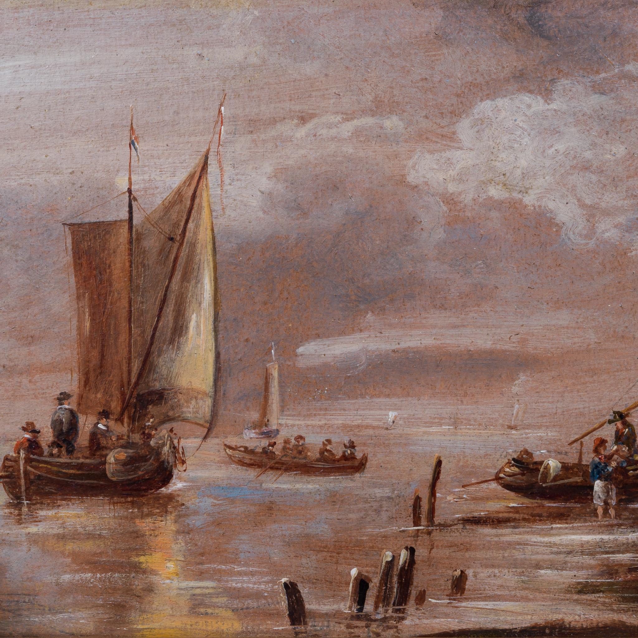Esta cautivadora pintura marítima, probablemente obra de un artista inglés, data de finales del siglo XIX y muestra un dominio magistral de la luz y la textura. La composición muestra varios barcos que navegan suavemente por aguas tranquilas, uno de