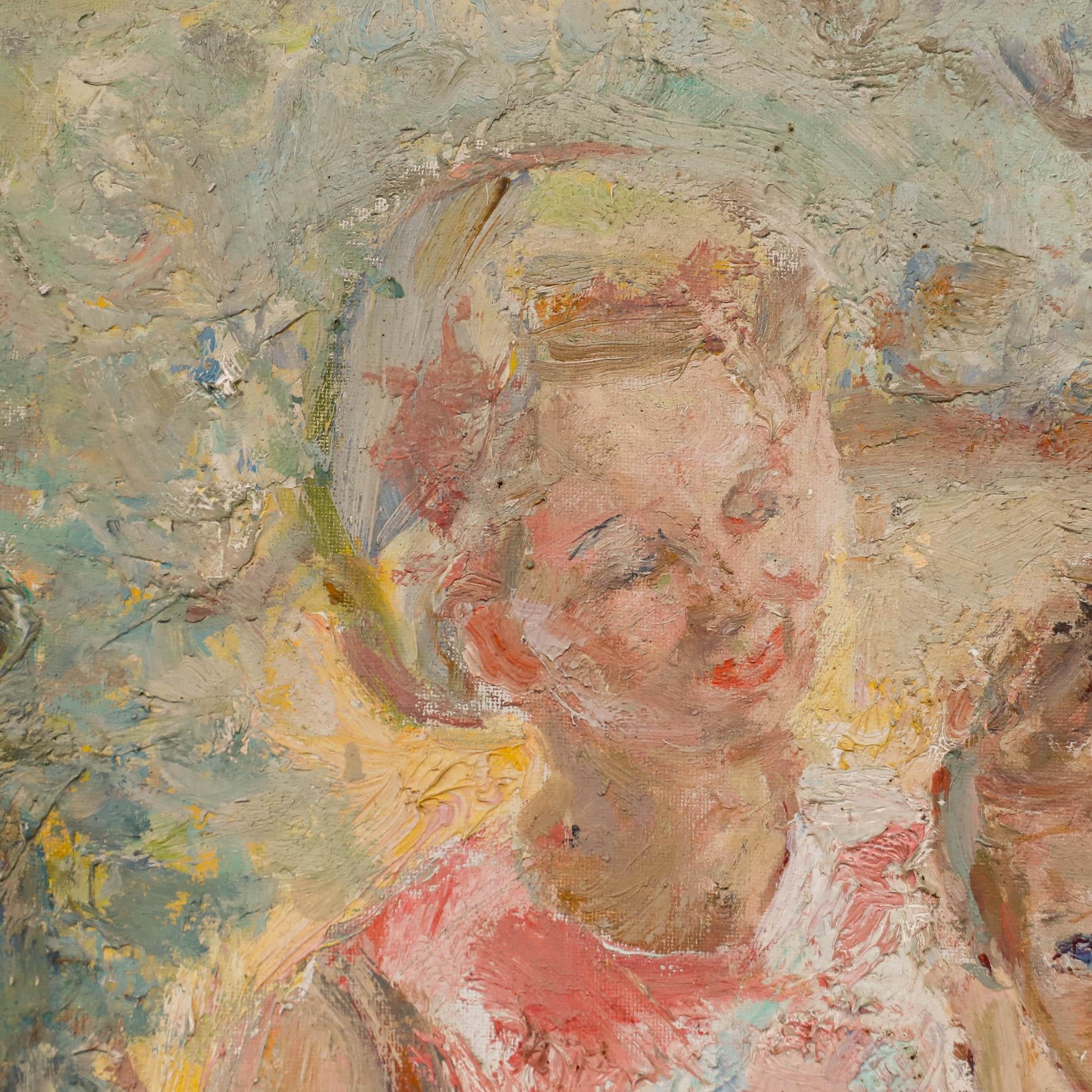 Eine entzückende Darstellung von Mutter und Kind, die in einem sonnigen Garten sitzen und ein herzerwärmendes Porträt abgeben. Der Künstler hat beide Figuren in impressionistischer Manier mit Impasto festgehalten. Das Gemälde ist in einem