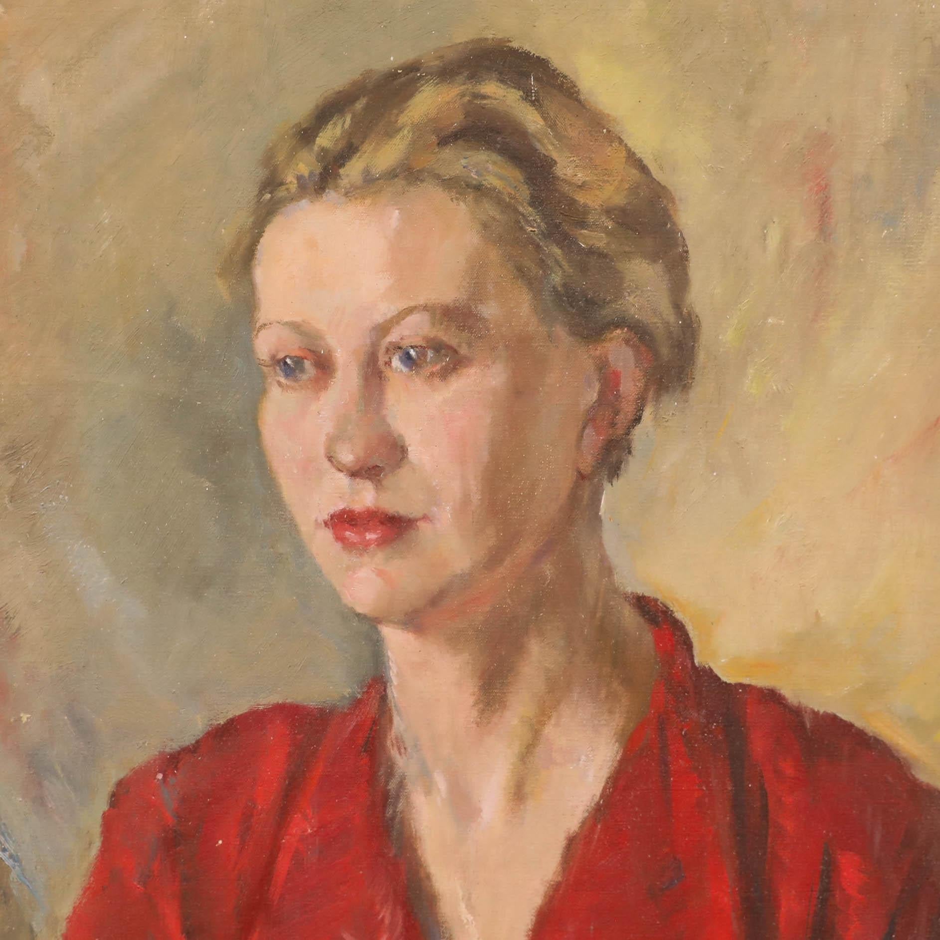 Marjorie Heather - Ölgemälde des 20. Jahrhunderts, Dame in der roten Bluse (Braun), Portrait Painting, von Unknown