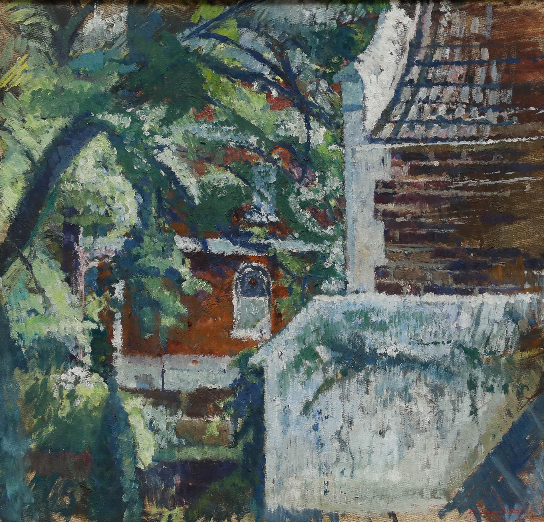 Mark Ford - Huile du 20e siècle, Maisons à travers les arbres - Painting de Unknown