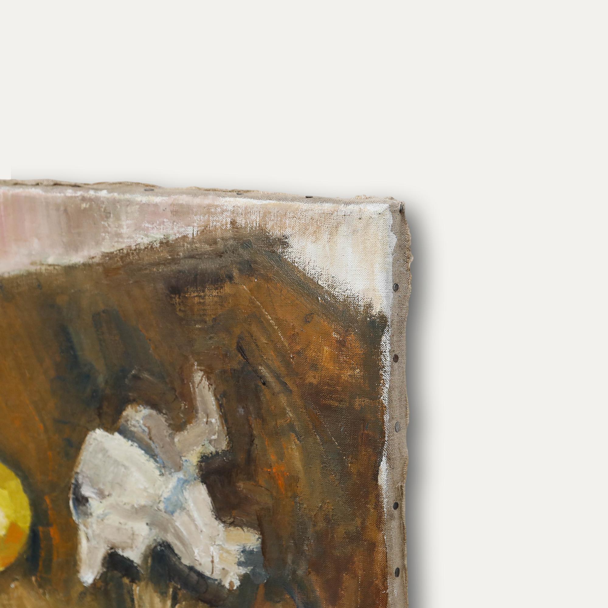 Eine charmante Stilllebenkomposition des Künstlers Mark Ford. Ford verwendet eine ausdrucksstarke Pinselführung und eine warme, erdige Farbpalette. Nicht signiert. Auf Leinwand auf Keilrahmen. Bildgröße: 30,5 x 41 cm.