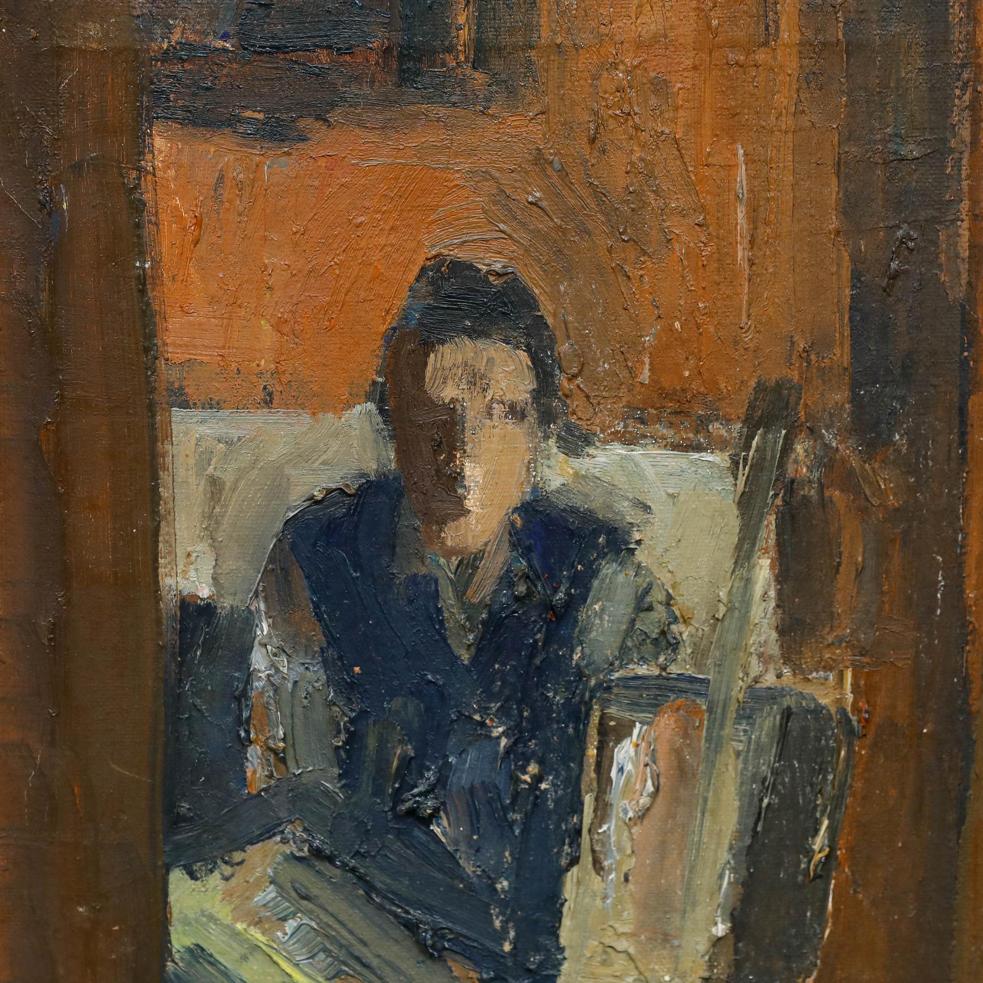 Self-Portrait de l'artiste Mark Ford réalisé au pinceau avec des zones d'empâtement qui créent une texture dynamique et de la profondeur. Non signée. Présenté dans un cadre en bois. Sur toile sur châssis. Taille de l'image : 35,5 x 32 cm.