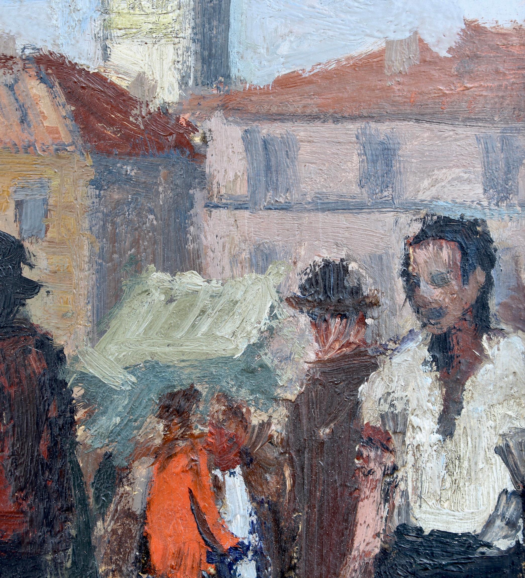 Market Day in Piazza Grande Locarno Switzerland - Gray Figurative Painting by Unknown