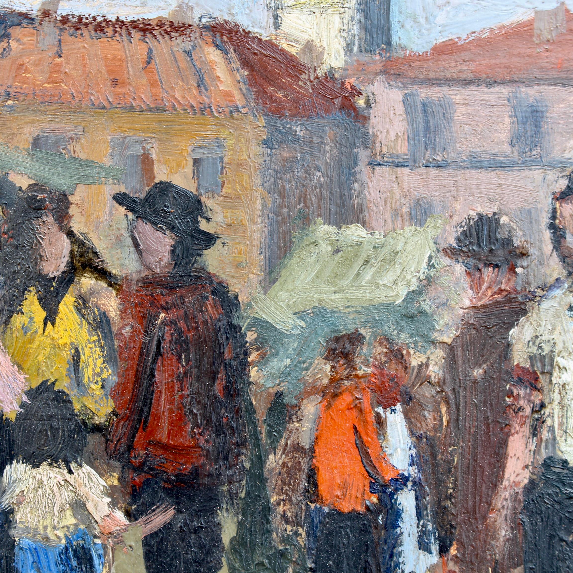 'Market Day in Piazza Grande, Locarno, Switzerland', oil on board, by unknown artist (1947-48). Locarno is an utterly charming Italian-speaking resort located on the northern shore of Lake Maggiore, nestled at the foot of the Alps. A hidden gem,