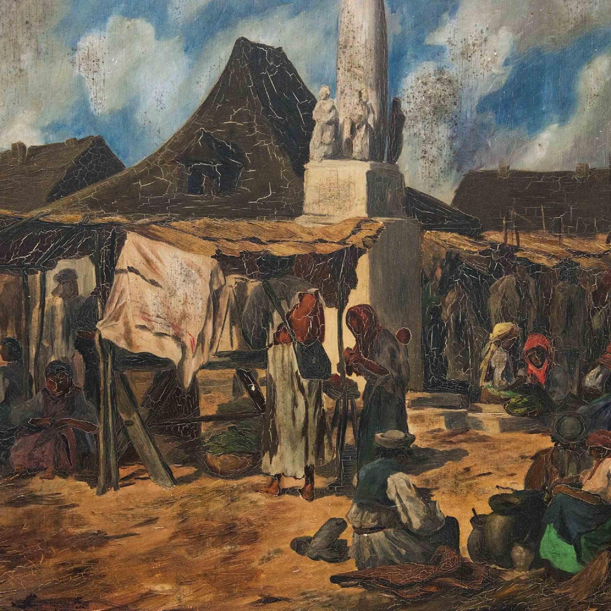 Market in the Puszta - Oil on Board - 19th Century - Painting by Unknown