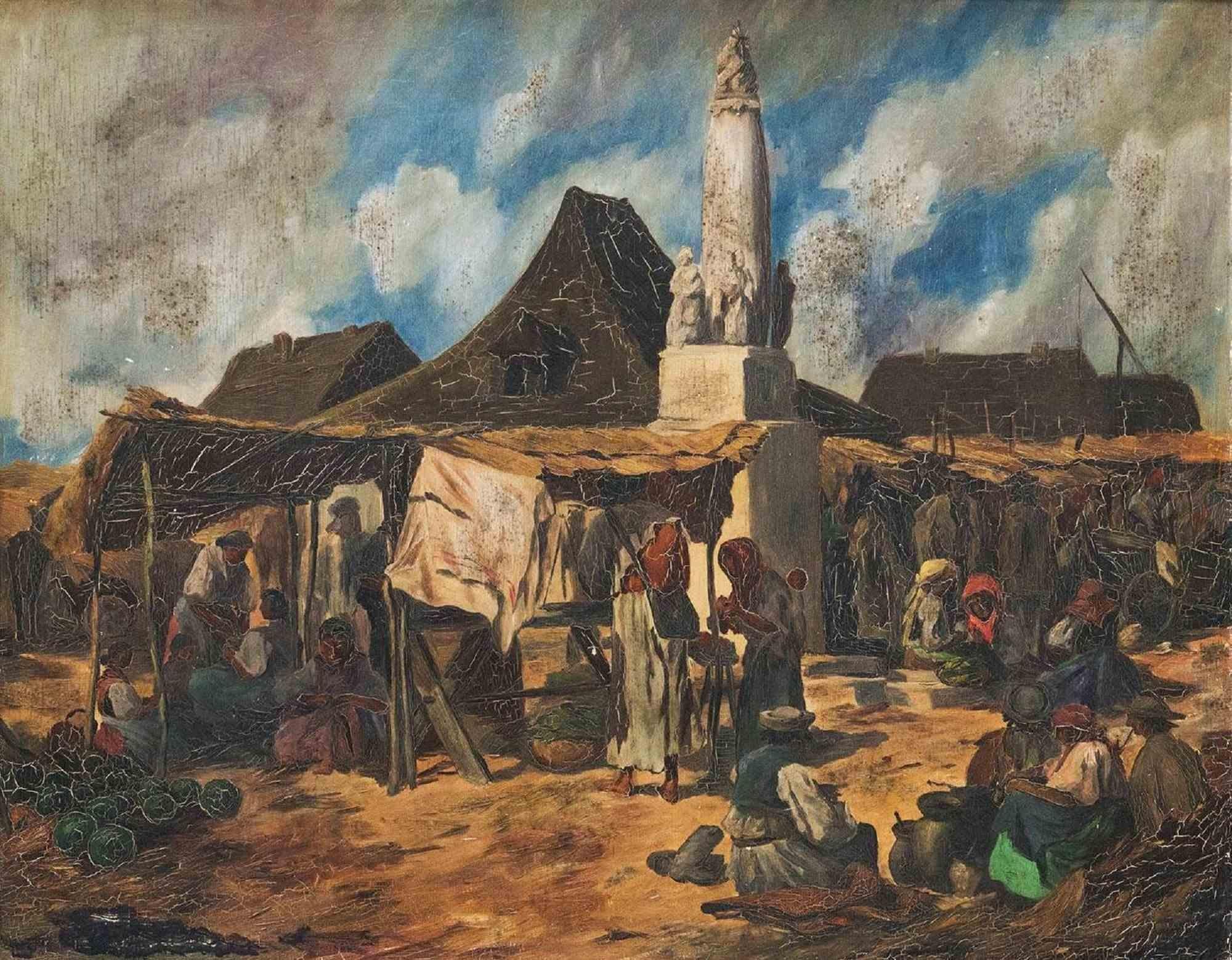 Unknown Landscape Painting - Market in the Puszta - Oil on Board - 19th Century