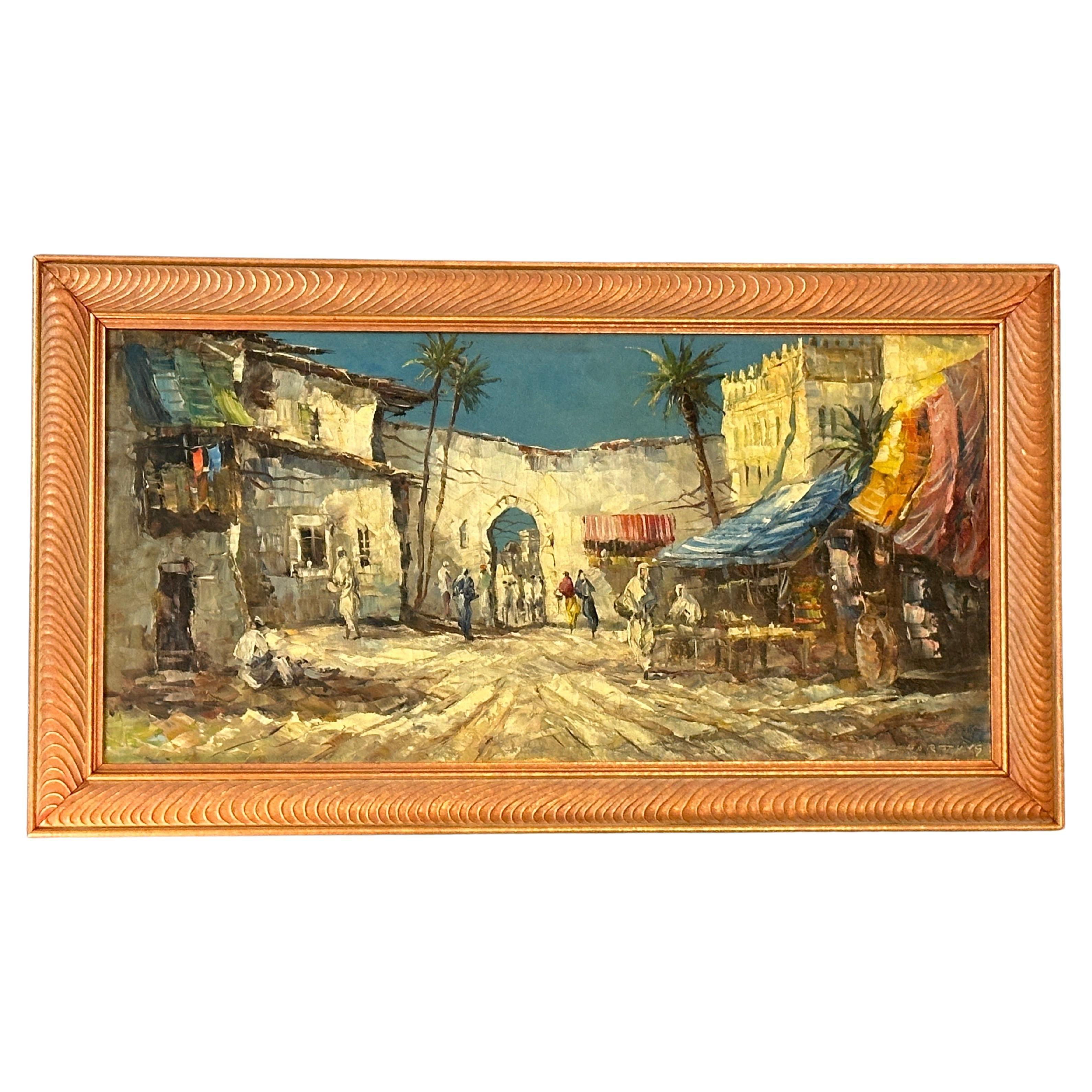 Landscape Painting di Unknown - Mercato di Marrakech firmato Hartung