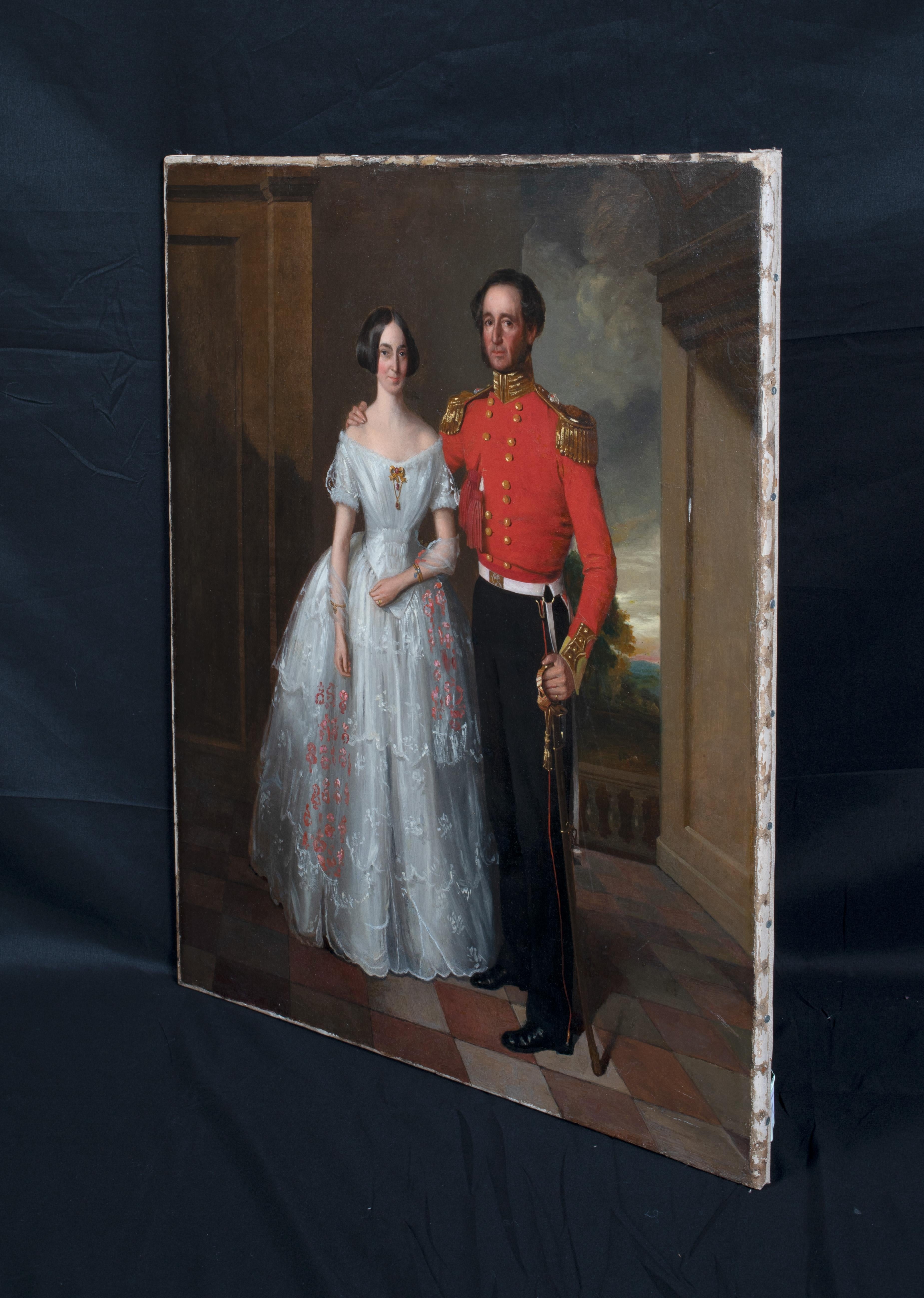 Marriage Portrait Of A British Military Officer & Wife, early 19th Century  - Black Portrait Painting by Unknown