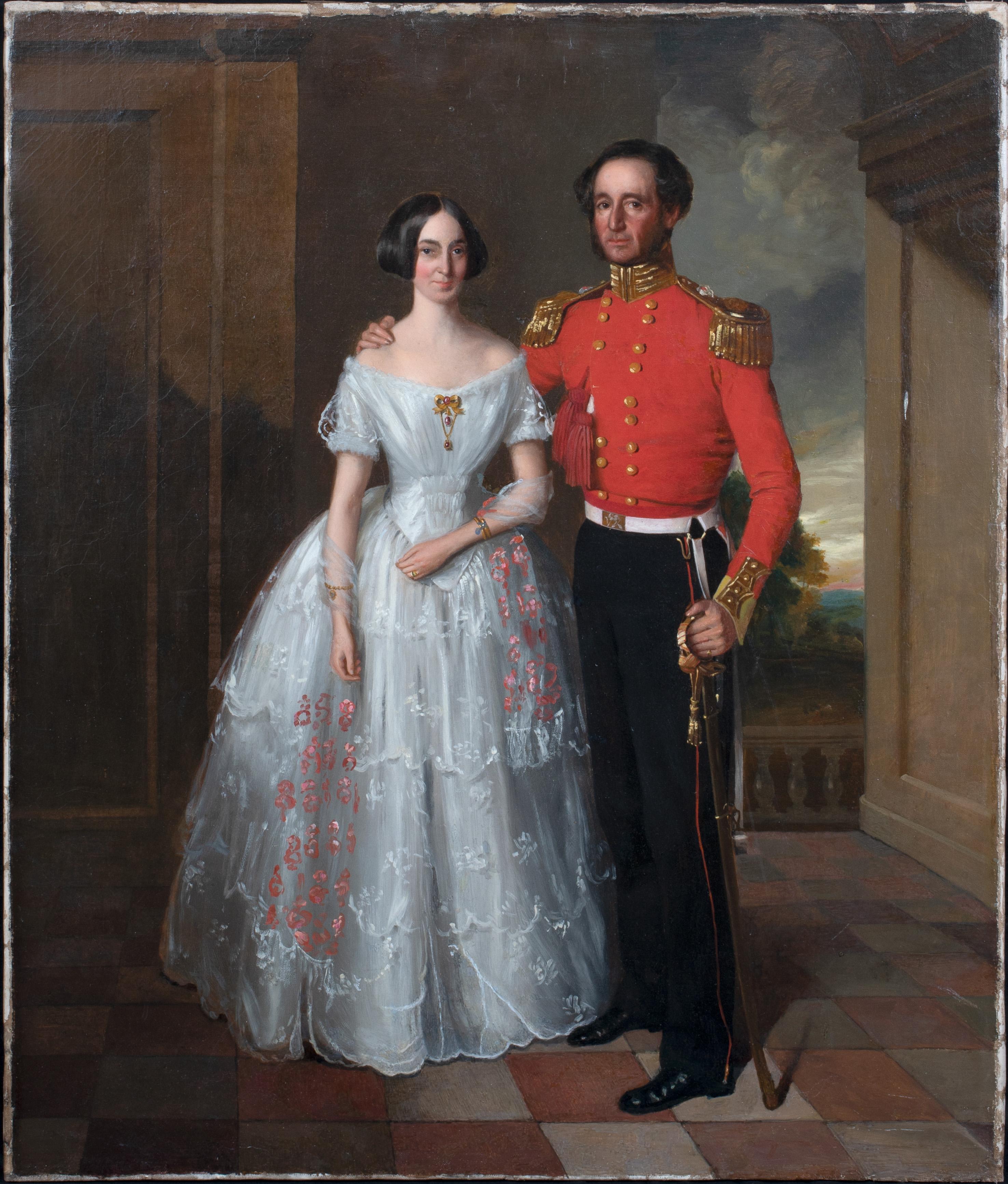 Unknown Portrait Painting - Marriage Portrait Of A British Military Officer & Wife, early 19th Century 