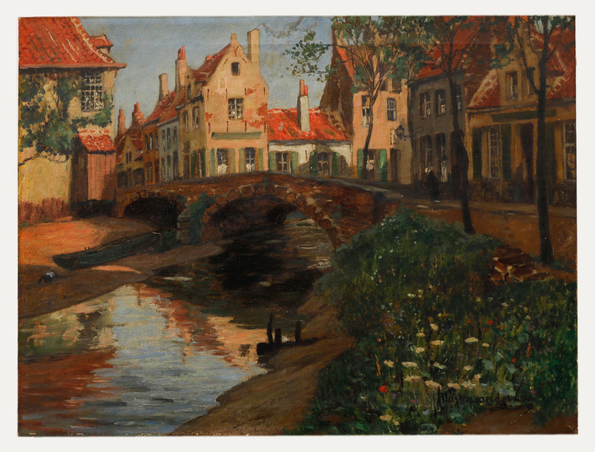 Huile belge Marten Ven Der Loo (1880-1920), vue d'un vieux pont de Bruges - Painting de Unknown