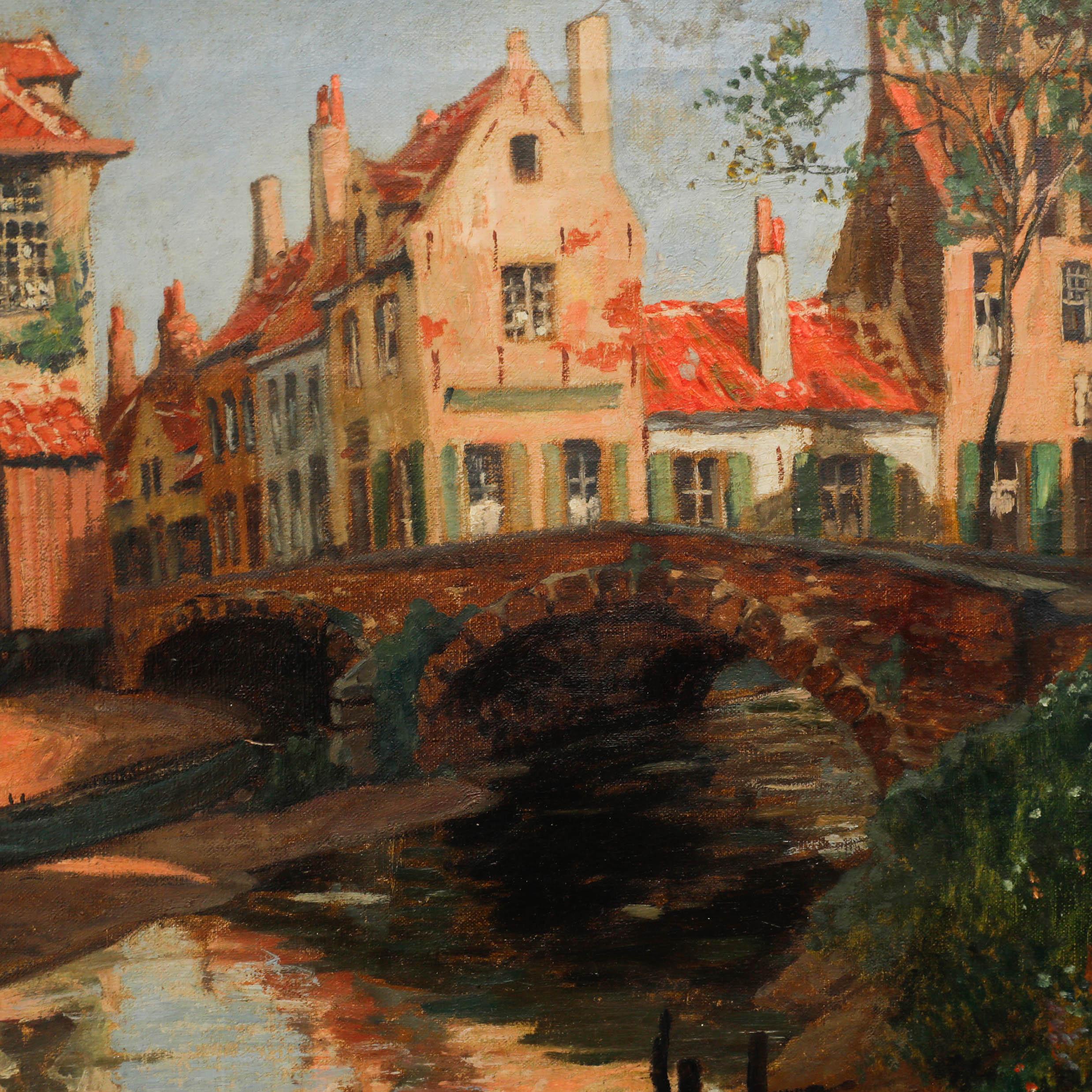 Maerten Van Der Loo (1880-1920) Belge, huile sur toile. Vue d'un vieux pont à Bruges. Signé en bas à droite. Signé et inscrit au verso. 