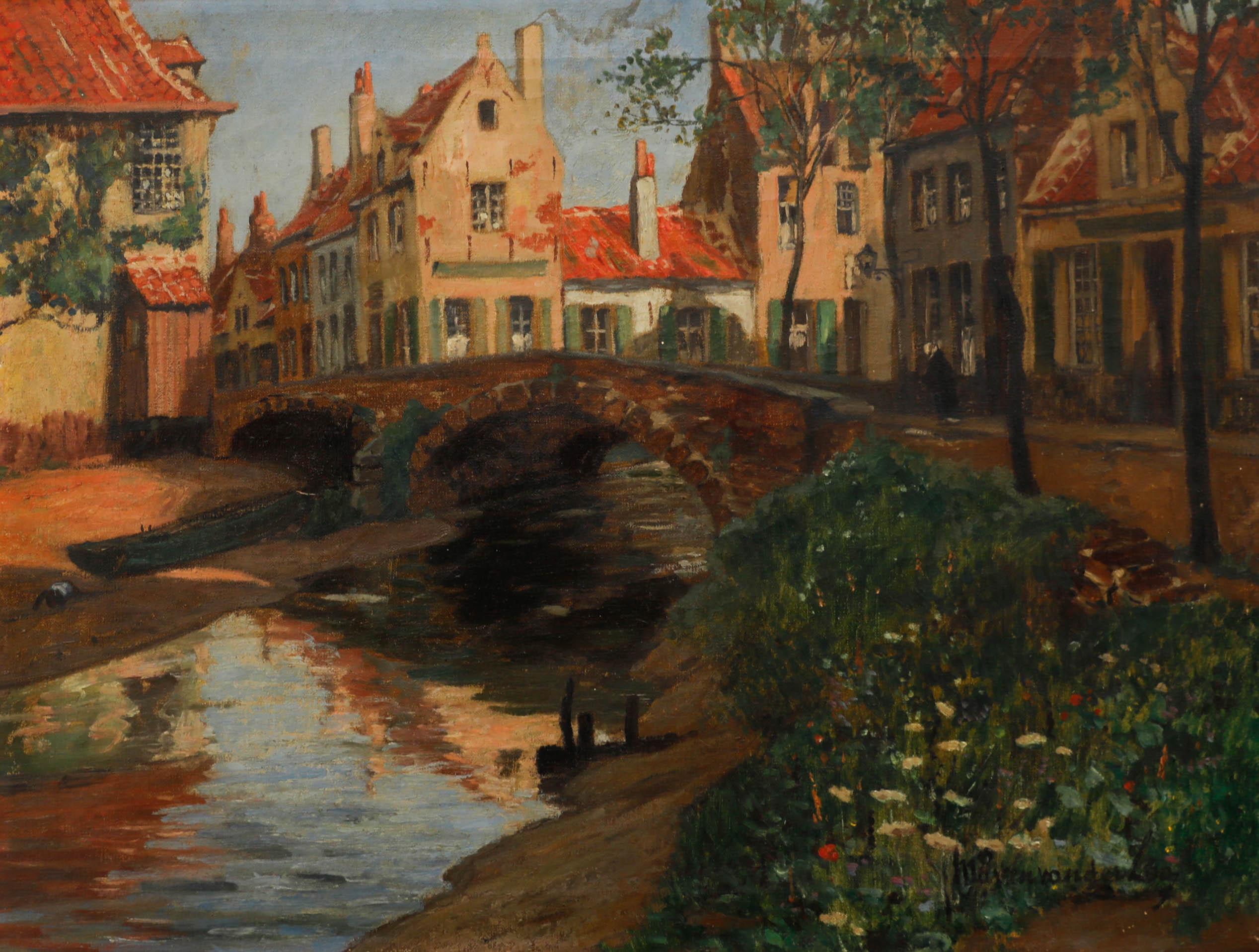 Landscape Painting Unknown - Huile belge Marten Ven Der Loo (1880-1920), vue d'un vieux pont de Bruges