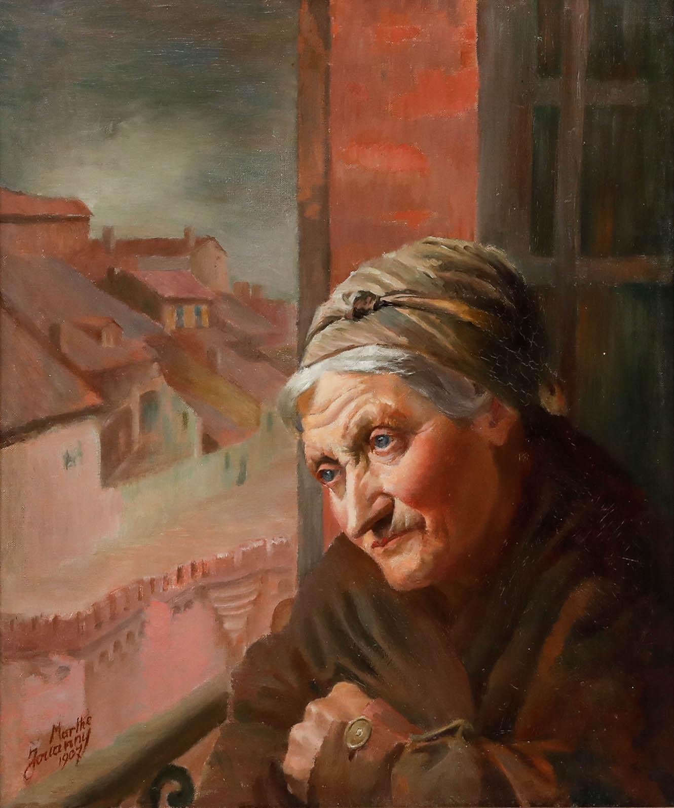 Marthe Jouanny - Framed 1907 Oil, Woman by a Window - Painting by Unknown