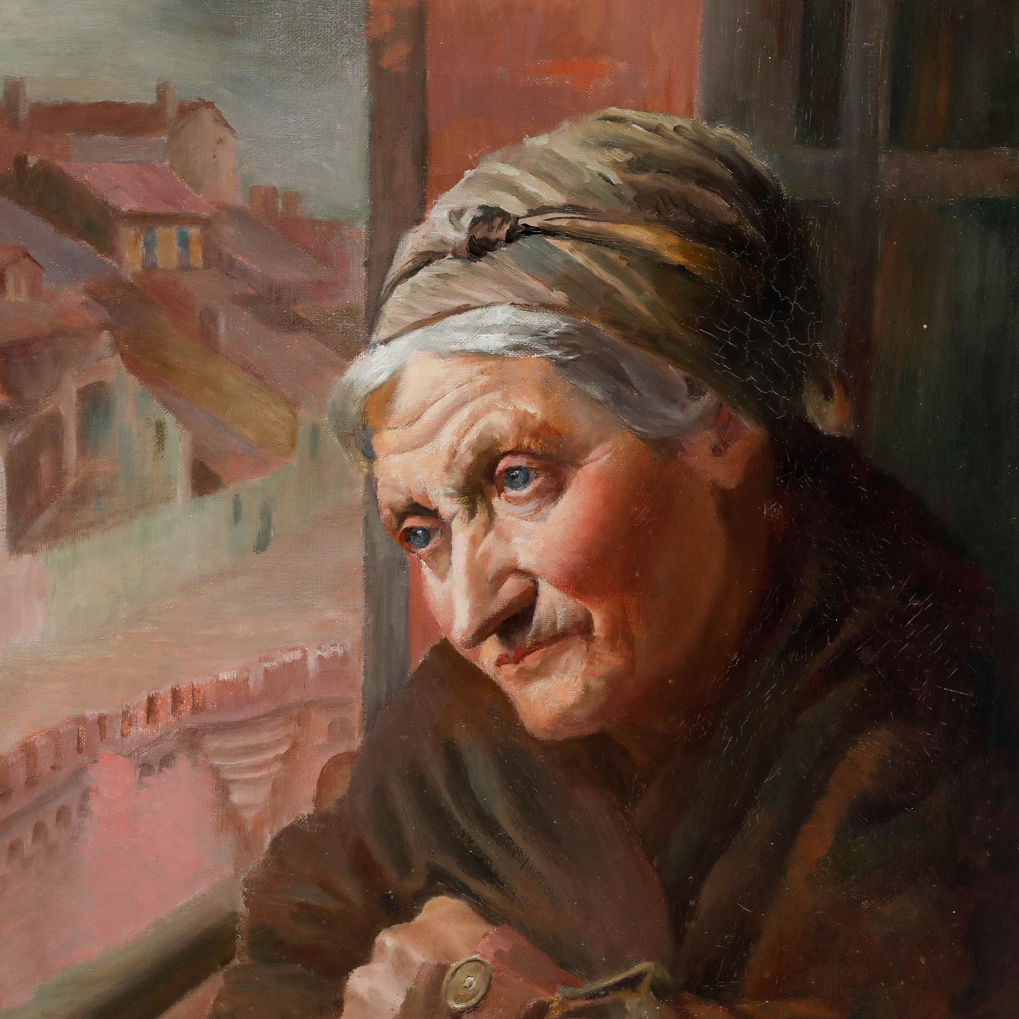 An elderly woman gazes out a window in this intimate portrait. 'Woman by a window' is an enduring theme in art history with rich symbolism, and has been the subject of paintings by a range of artists, from Vermeer and Caspar David Friedrich to Degas