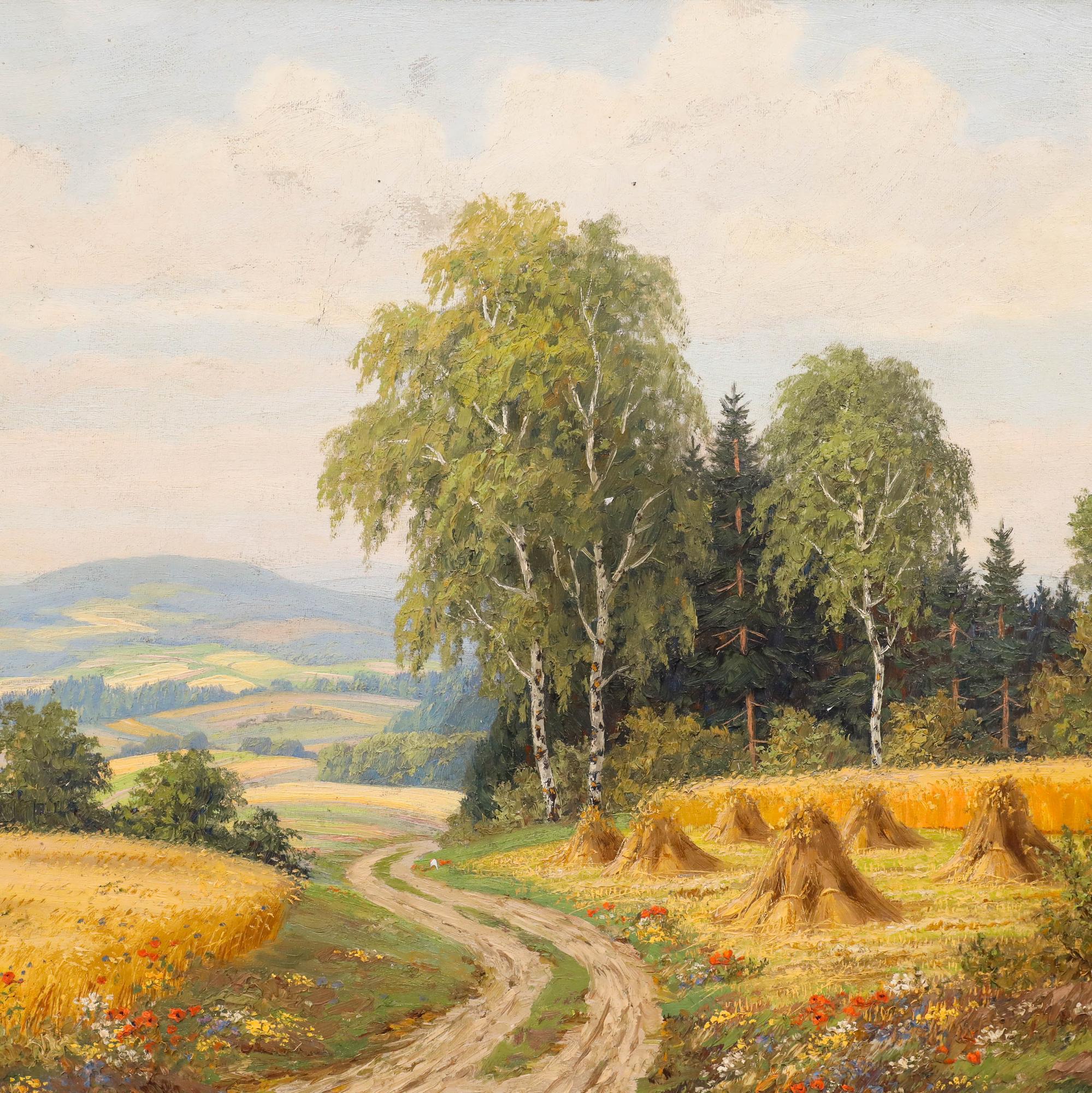 This pastoral landscape painting depicts a winding dirt road that meanders through golden harvest fields dotted with hay stooks, leading the viewer's eye toward rolling hills in the distance. The composition is anchored by graceful birch trees and