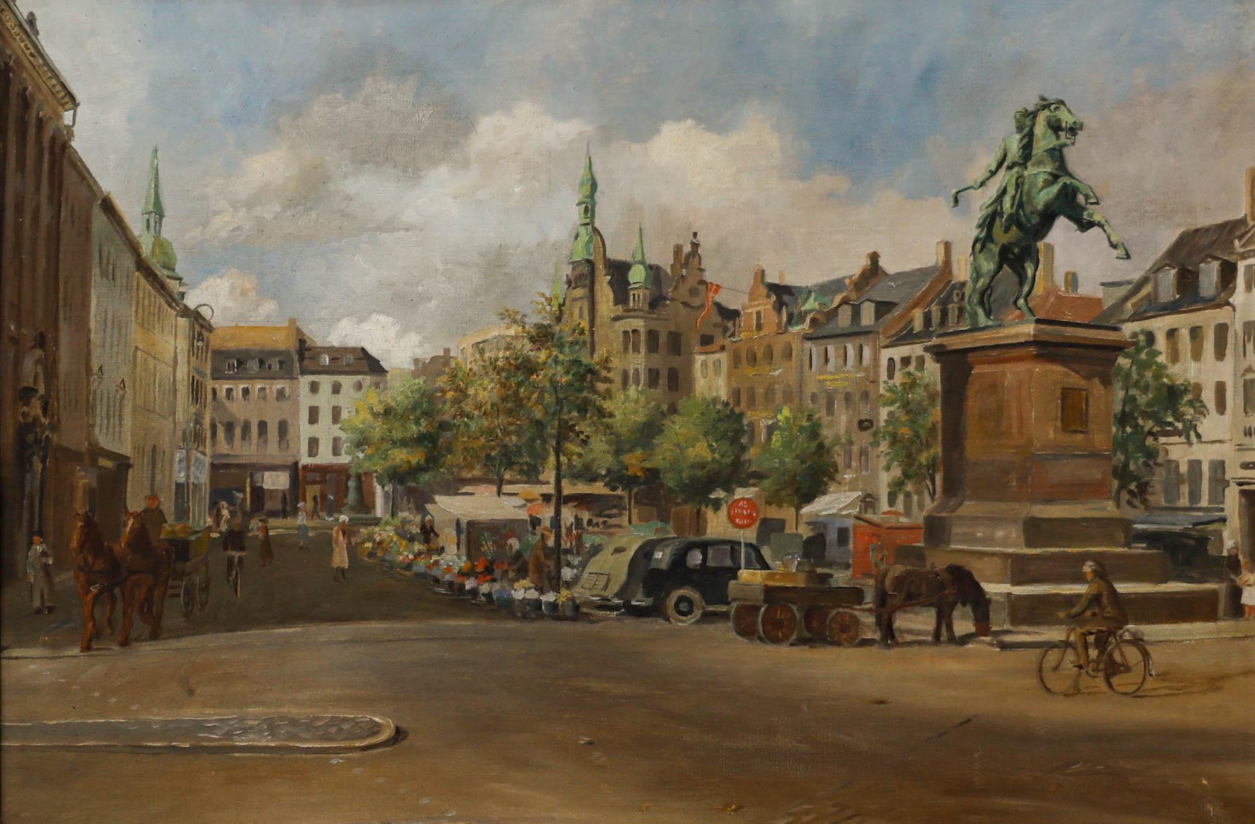 Martin Sofus Arildskov - Framed Mid 20th Century Oil, Højbro Plads - Painting by Unknown