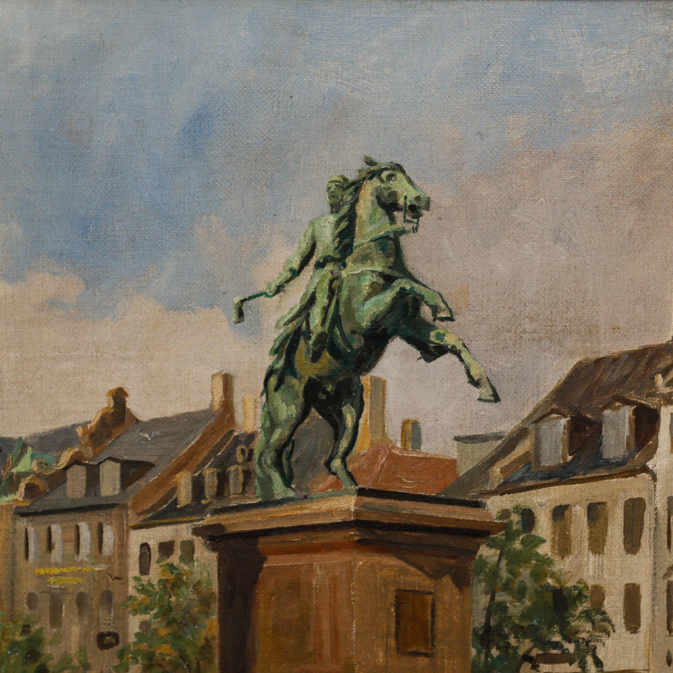 A detailed view of Højbro Plads with the equestrian statue of Absalon dominant on the right. Well presented in a decorative gilt-effect frame. Signed in the lower right and dated 1937. On canvas on stretchers.