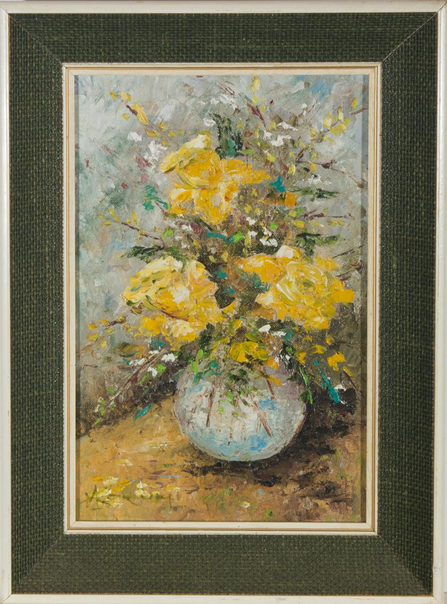 Unknown Still-Life Painting - Mary Borum - 20th Century Oil, Still Life of Yellow Roses