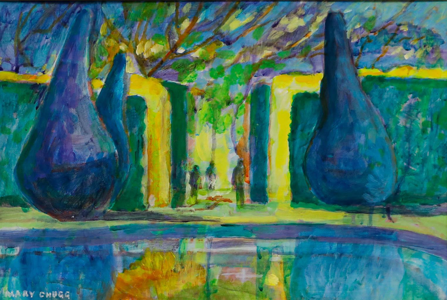 Mary Chugg (1935-2024) - Acrilico contemporaneo incorniciato, Topiario a bordo piscina - Painting di Unknown