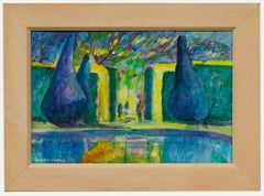 Mary Chugg (1935-2024) - Acrílico contemporáneo enmarcado, Topiario junto a la piscina