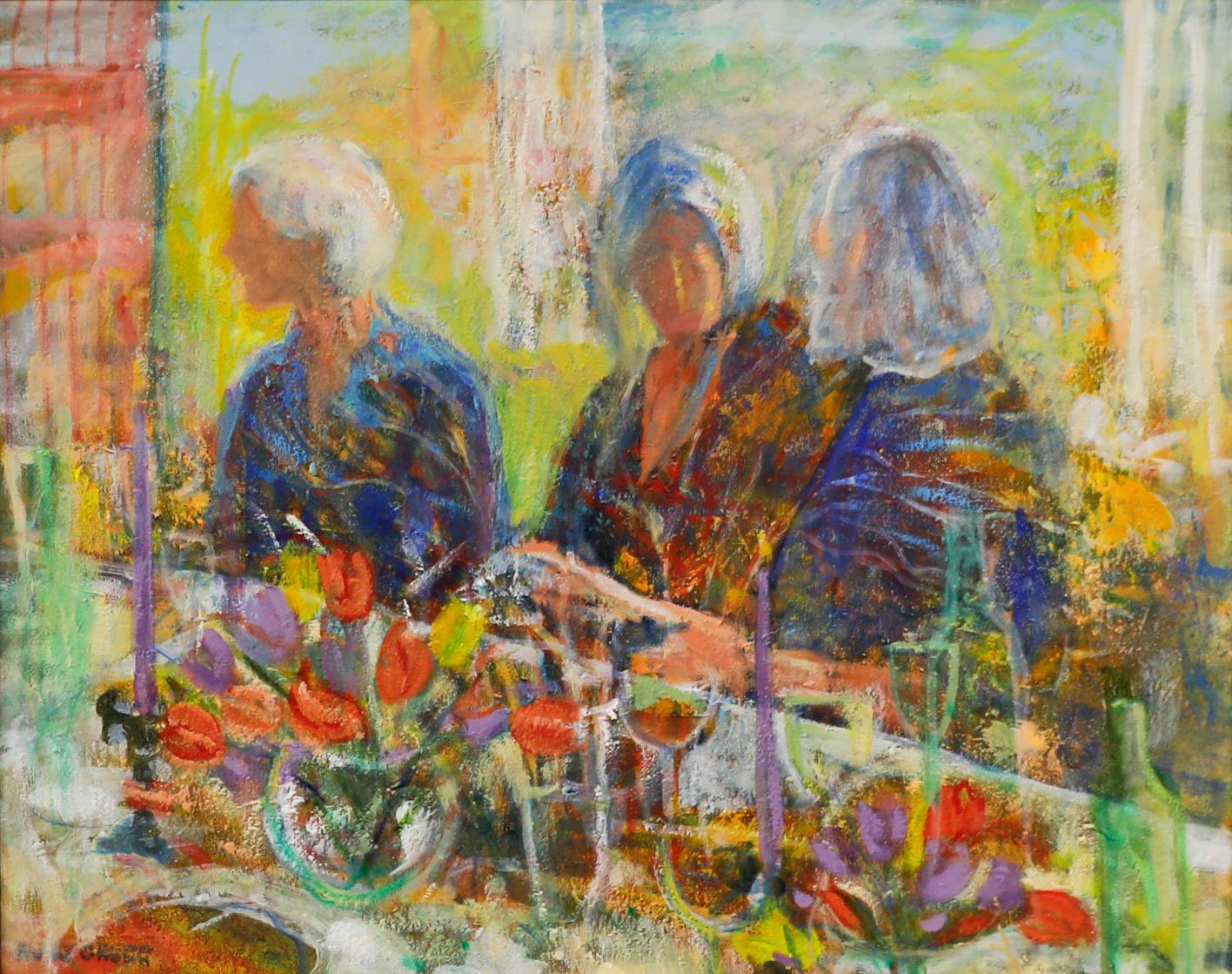 Mary Chugg (1935-2024) - Framed Contemporary Oil, Ladies' Luncheon with Tulips - Painting by Unknown