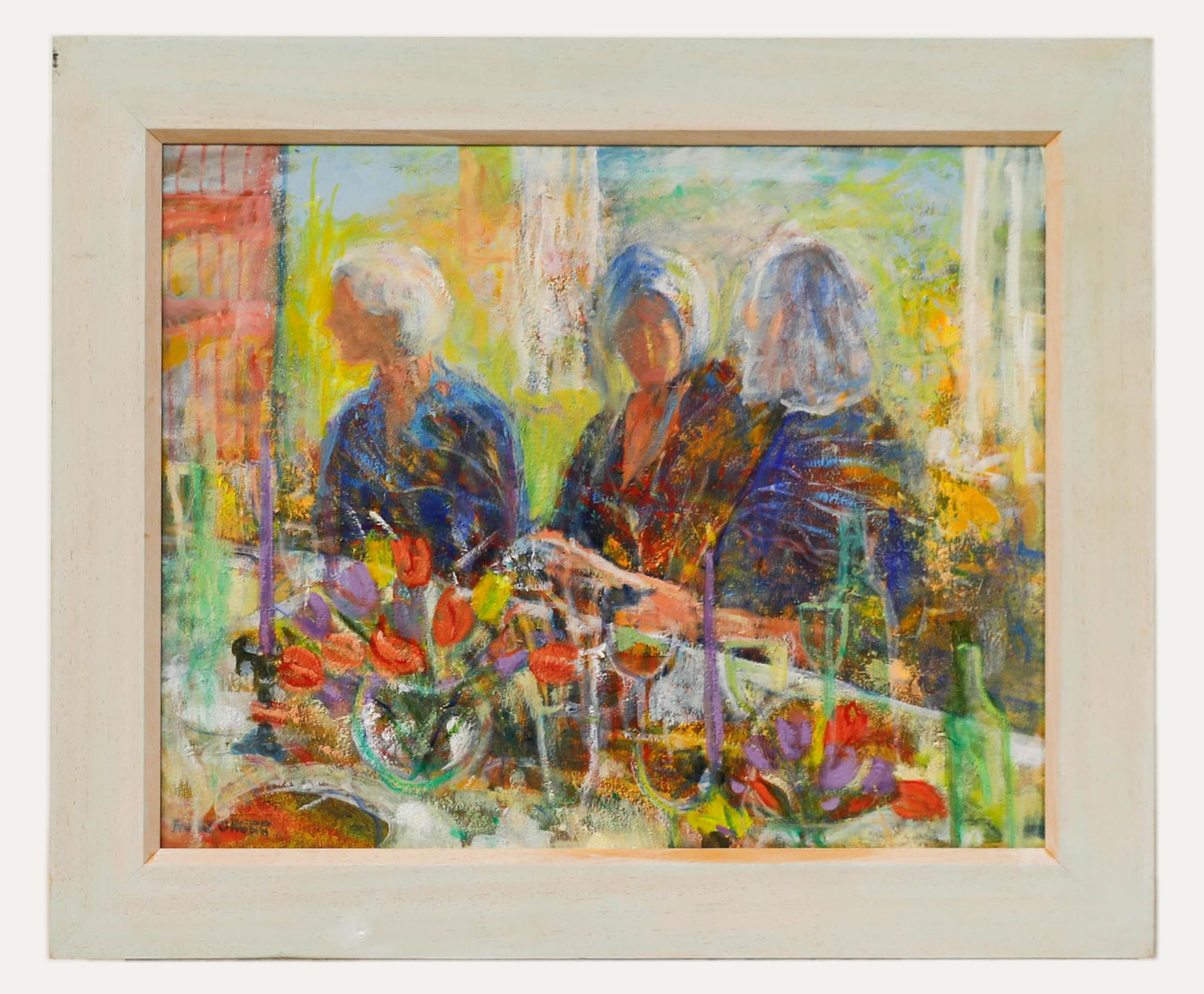 Unknown Interior Painting - Mary Chugg (1935-2024) - Framed Contemporary Oil, Ladies' Luncheon with Tulips