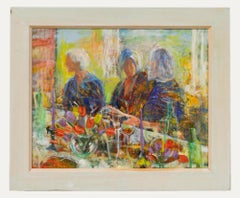 Mary Chugg (1935-2024) - Óleo contemporáneo enmarcado, Almuerzo de señoras con tulipanes