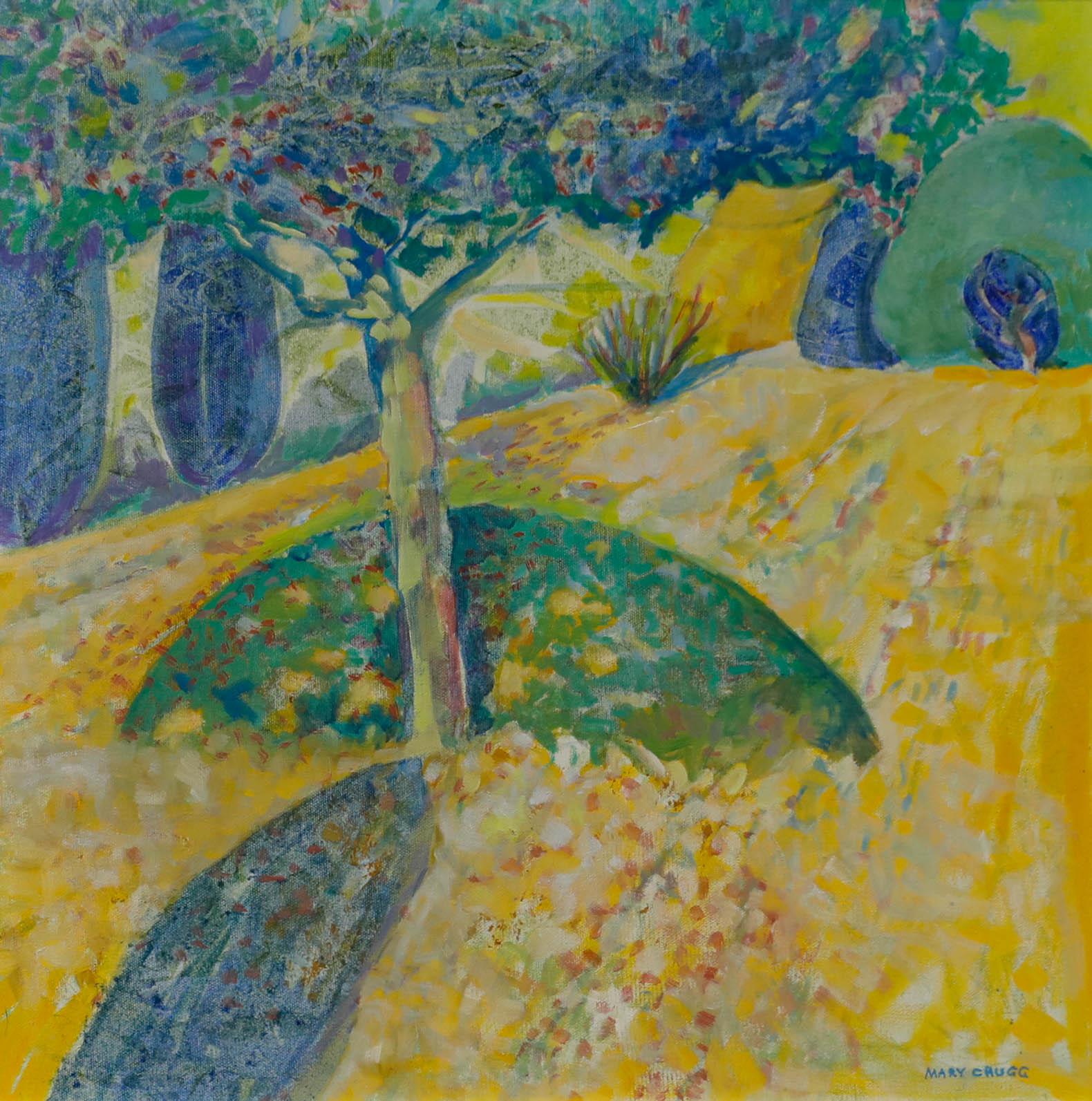Mary Chugg (1935-2024) - Gerahmtes Contemporary Öl, Mein Garten: Schatten II – Painting von Unknown