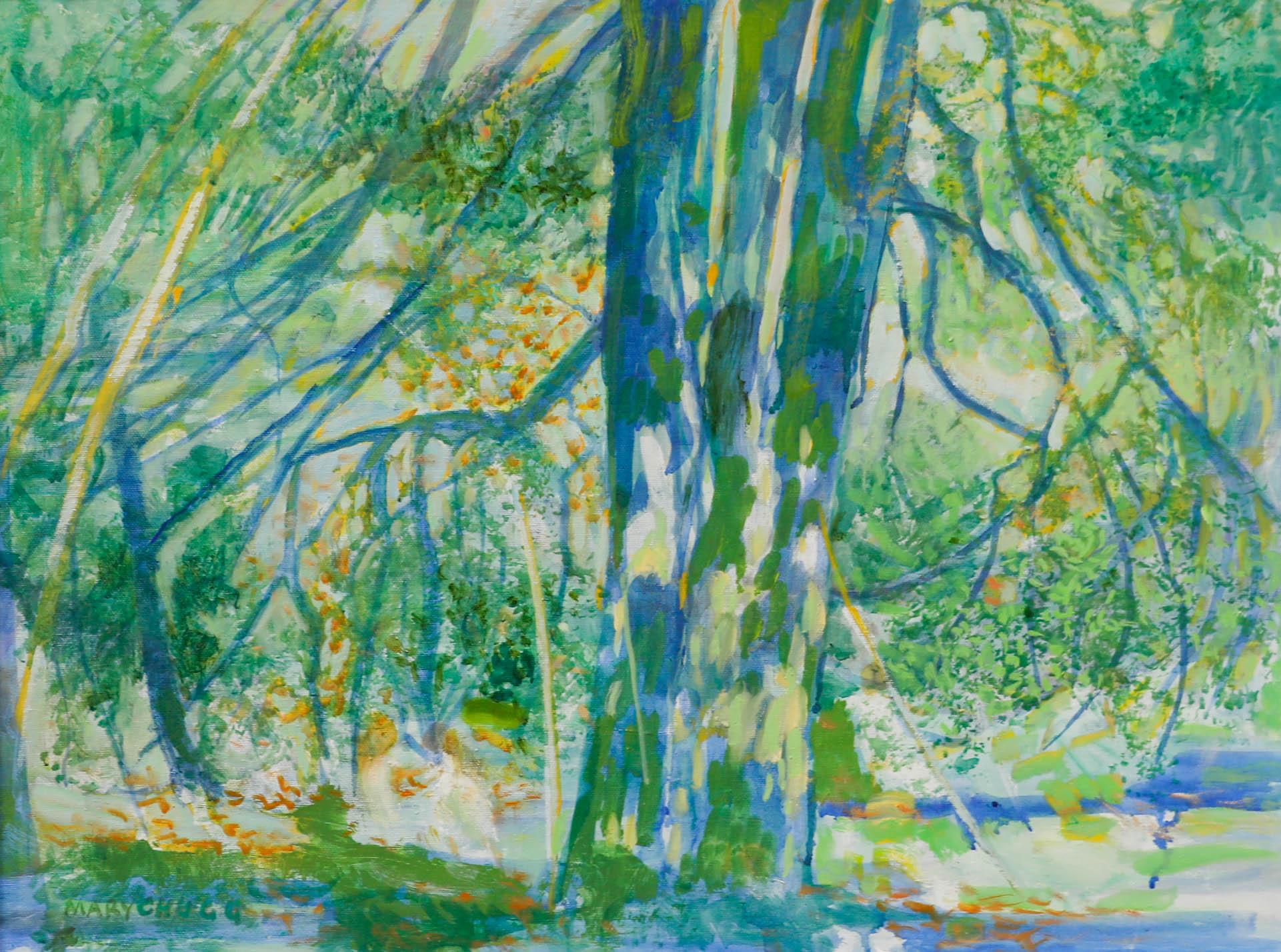 Mary Chugg (1935-2024) - Framed Contemporary Oil, Sunlight & Trees - Painting by Unknown