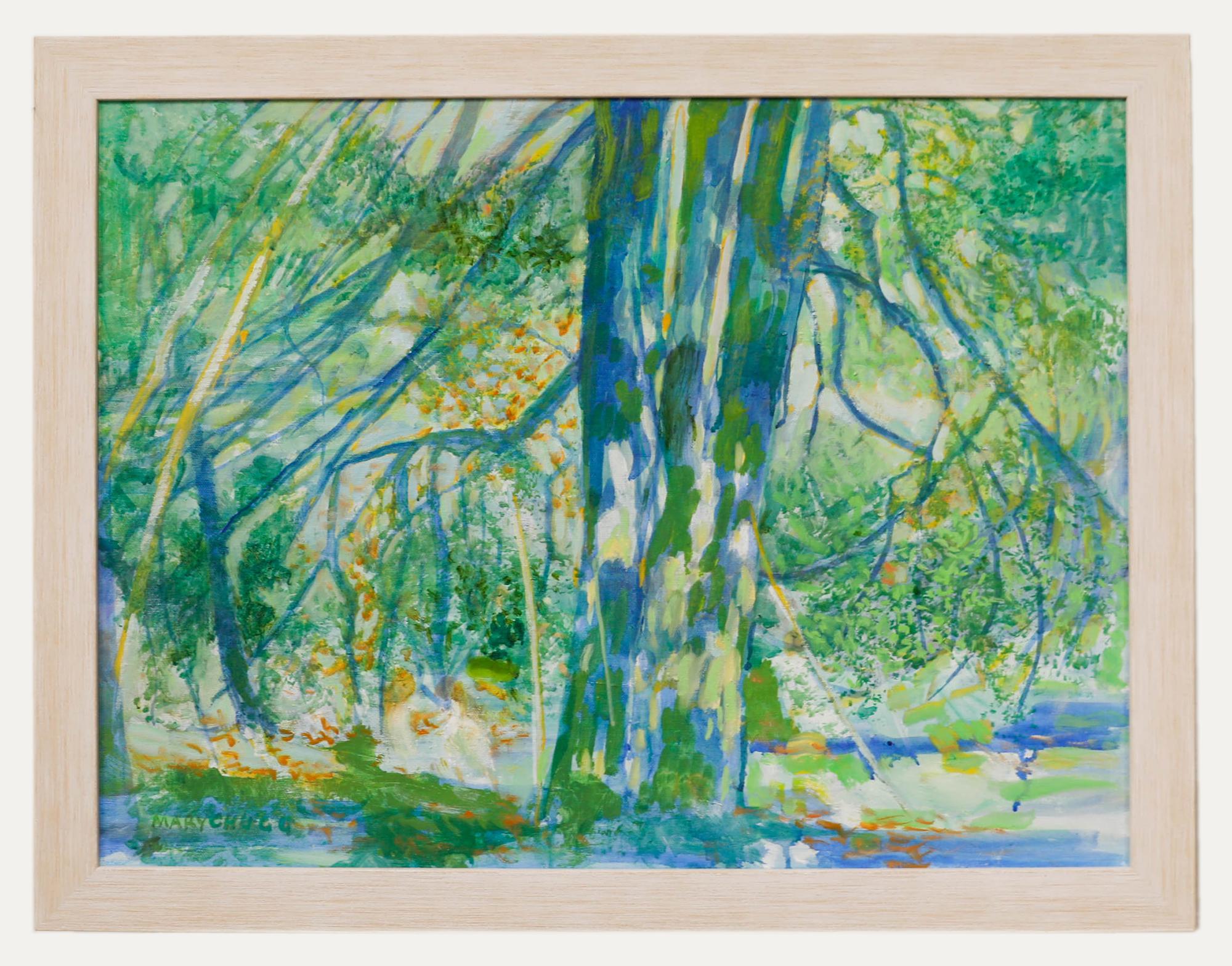 Unknown Landscape Painting - Mary Chugg (1935-2024) - Framed Contemporary Oil, Sunlight & Trees