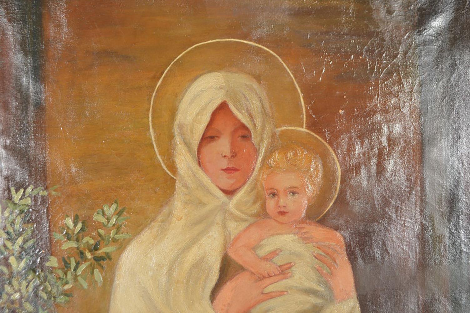 Mary Holding Jesus Oil Painting (Braun), Figurative Painting, von Unknown