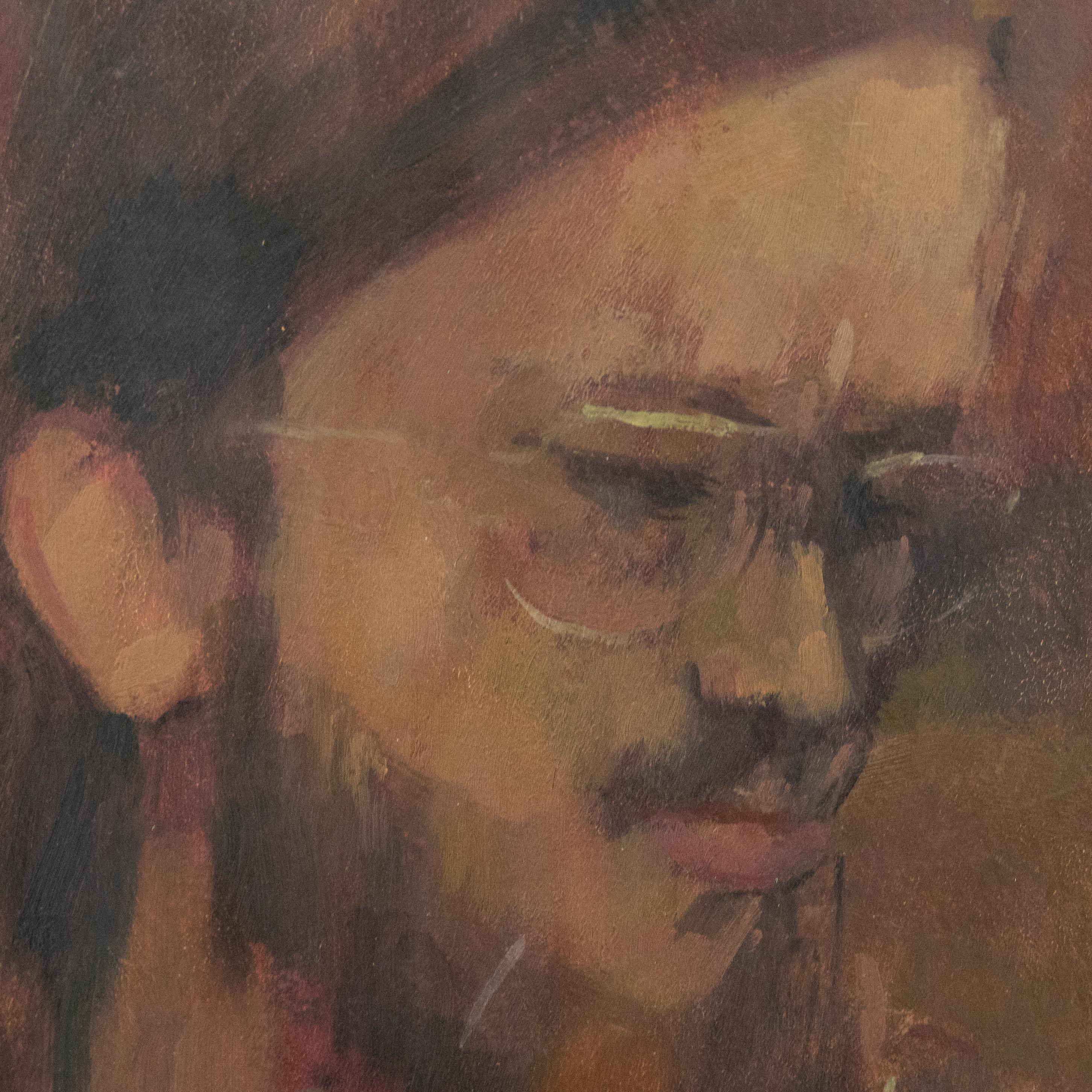 A well executed oil portrait of a male figure, captured on an expressive red ground in aviator frames and a heavy brown jacket. The oil has been signed to the lower right. Well presented in a 20th century veneer wood frame with a 'Society of Women