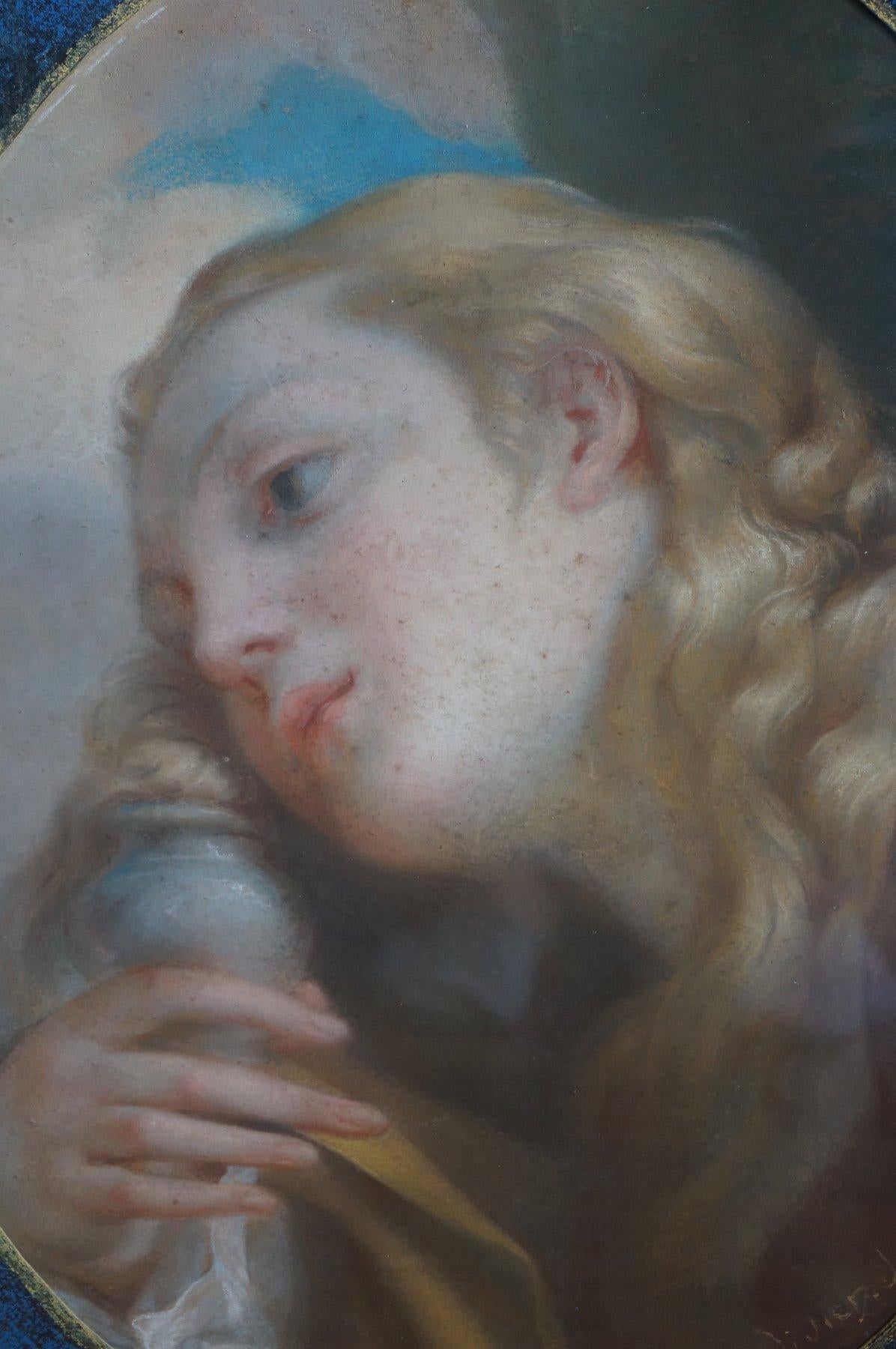 María Magdalena, pastel sobre papel, relacionado con Il giorno de Correggio, marco antiguo - Portrait Painting Negro de Unknown