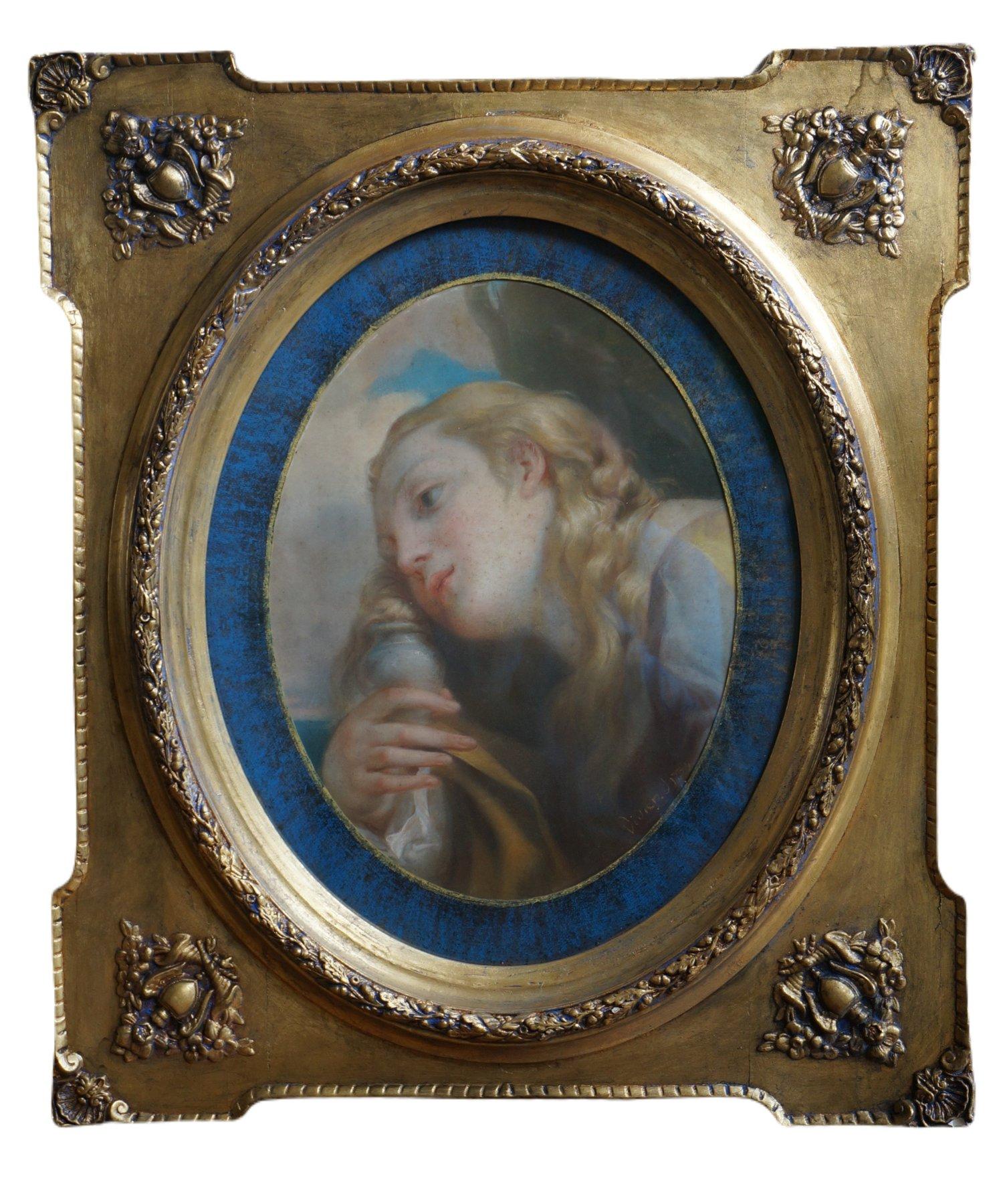 Portrait Painting de Unknown - María Magdalena, pastel sobre papel, relacionado con Il giorno de Correggio, marco antiguo