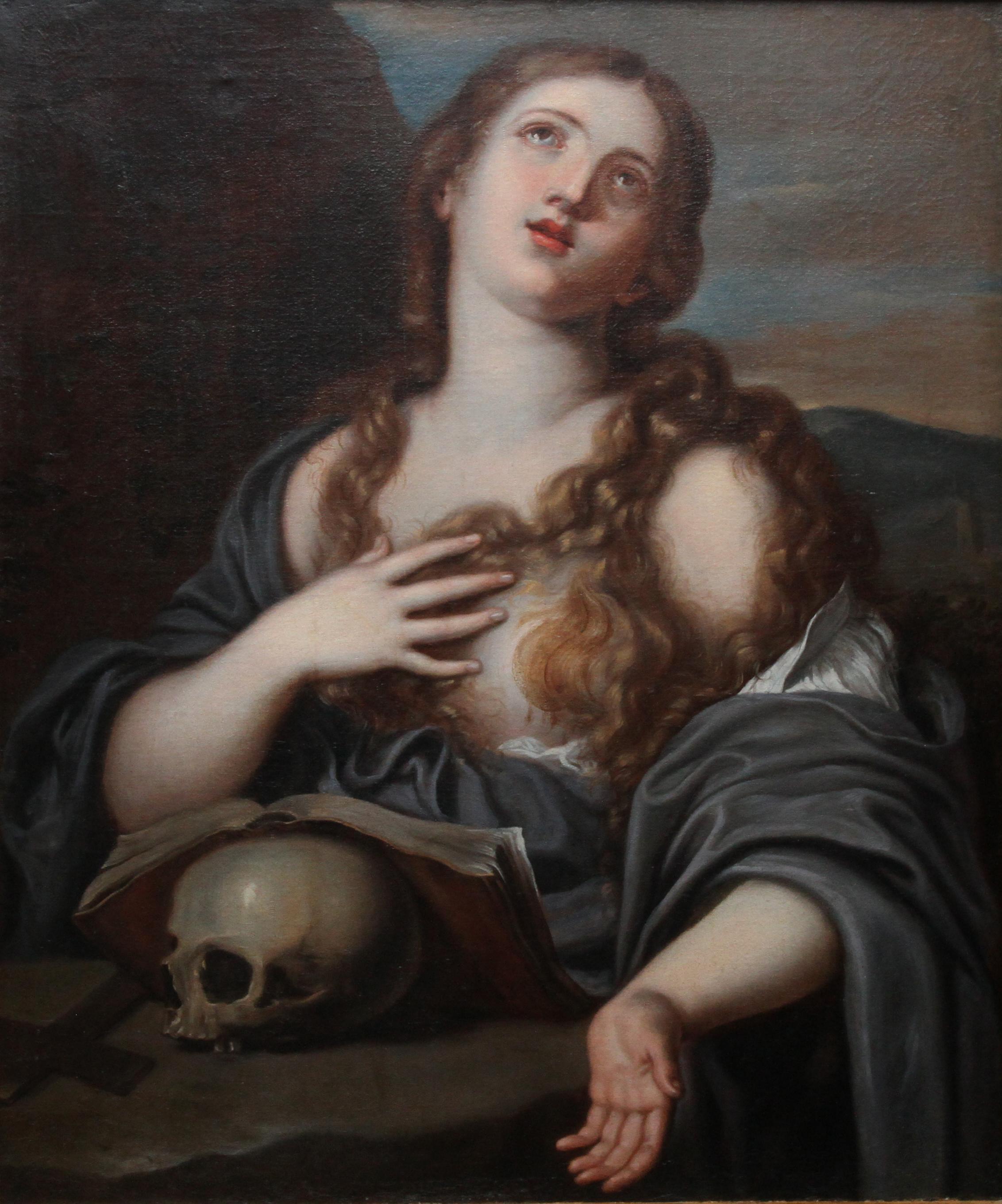Mary Magdalene with Book and Skull - Old Master Italian religious oil portrait - Painting by Unknown