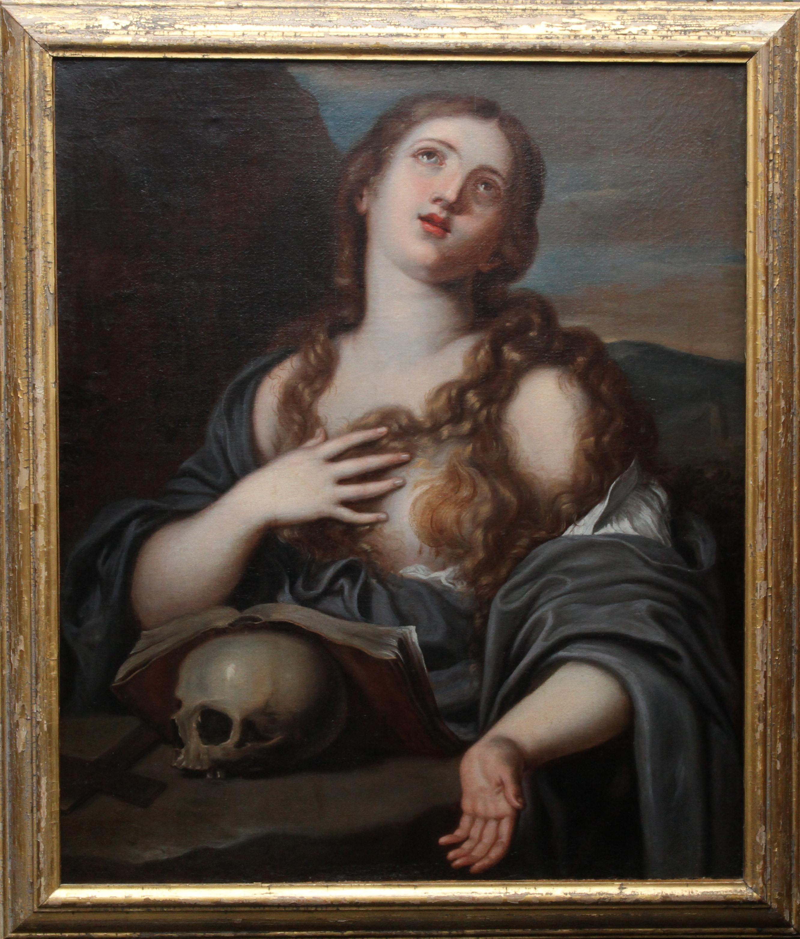 Unknown Portrait Painting - Mary Magdalene with Book and Skull - Old Master Italian religious oil portrait