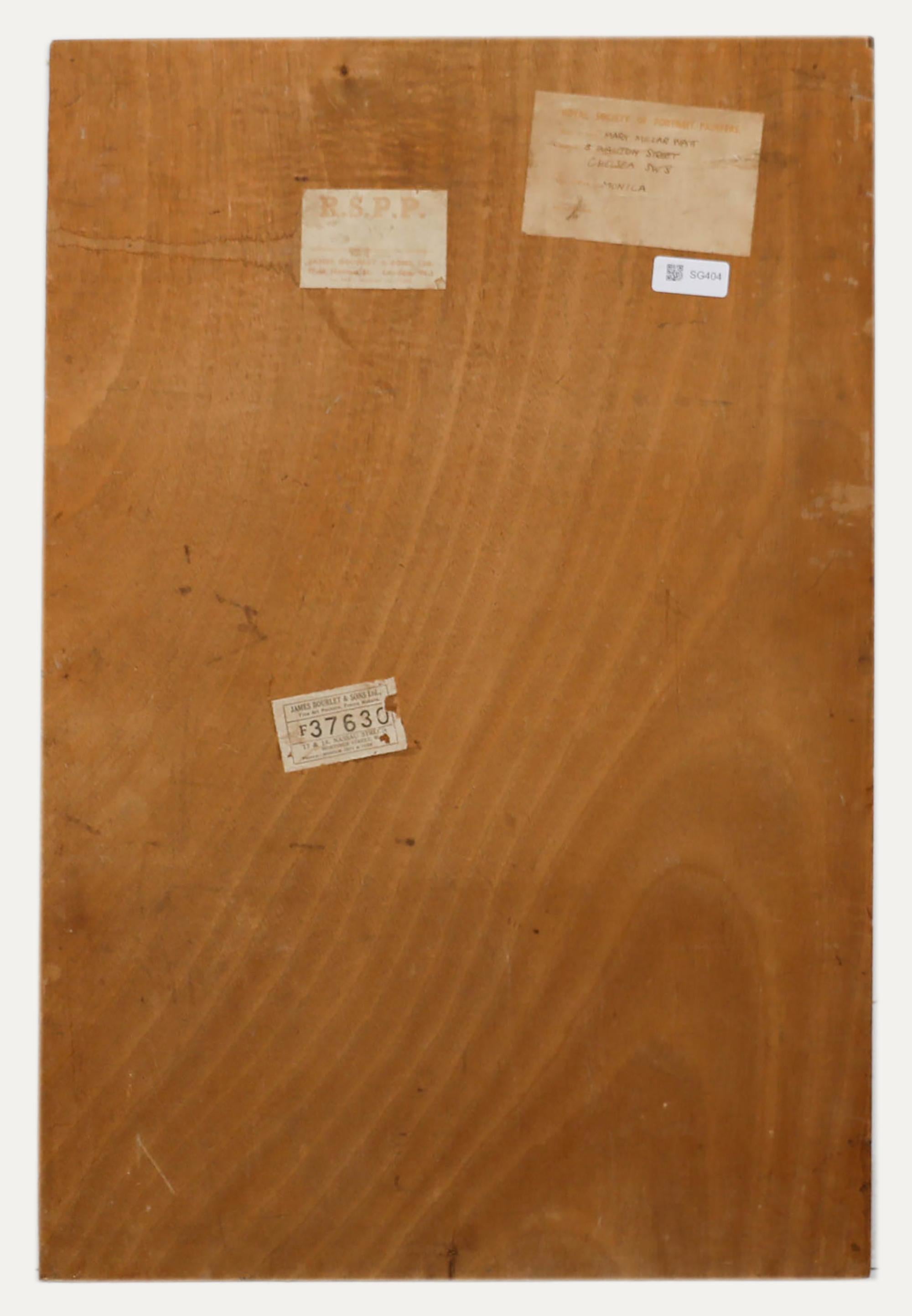 Ritratto ad olio. Etichetta della Royal society of Portrait Painters fissata al retro, con nome e titolo dell'artista. Su tela posata su pannello di Wood. 