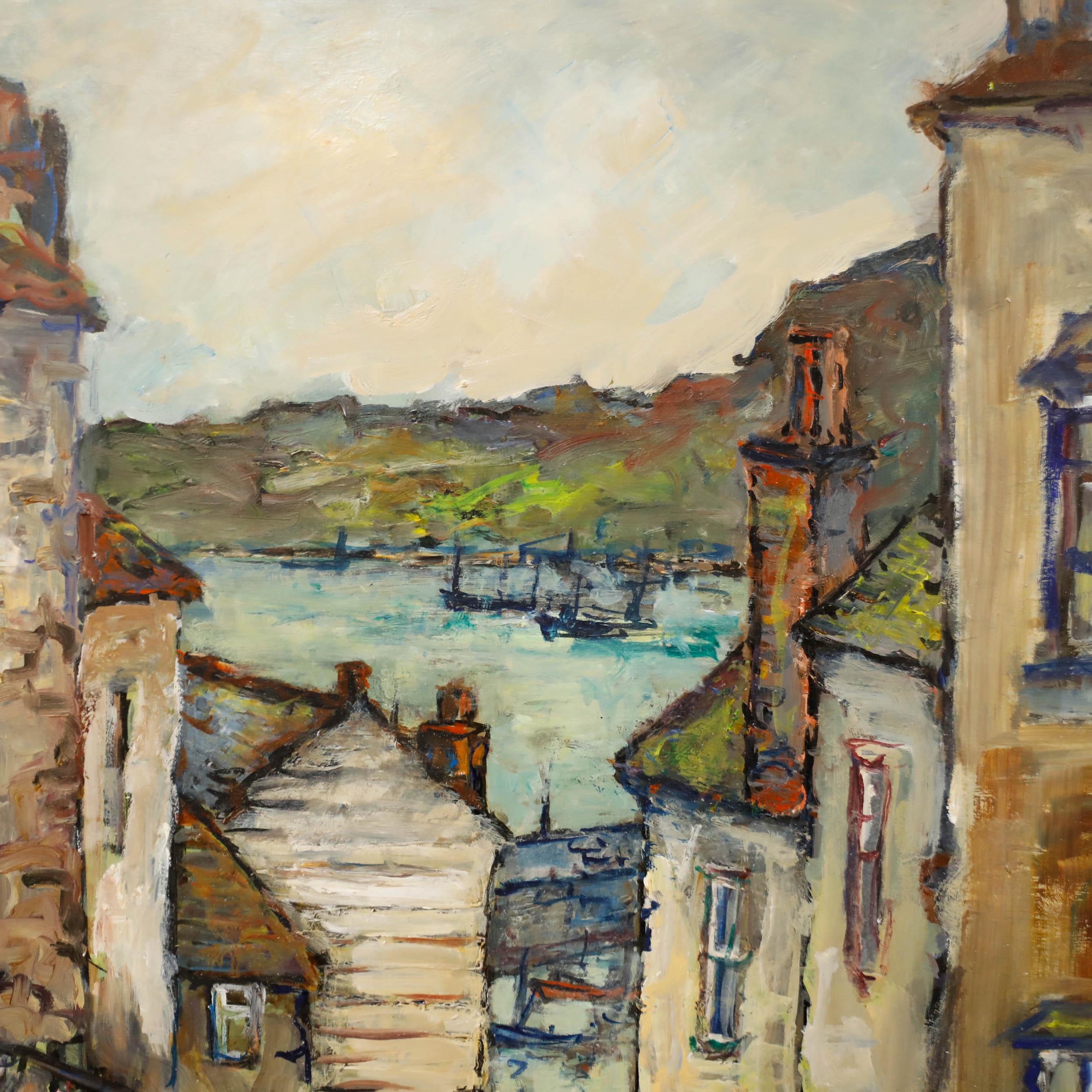 Cette charmante peinture à l'huile capture l'essence pittoresque de St Ives en Cornouailles, avec son étroite rue pavée serpentant entre les bâtiments en pierre usés par le temps et laissant entrevoir le port au-delà. Le coup de pinceau libre et