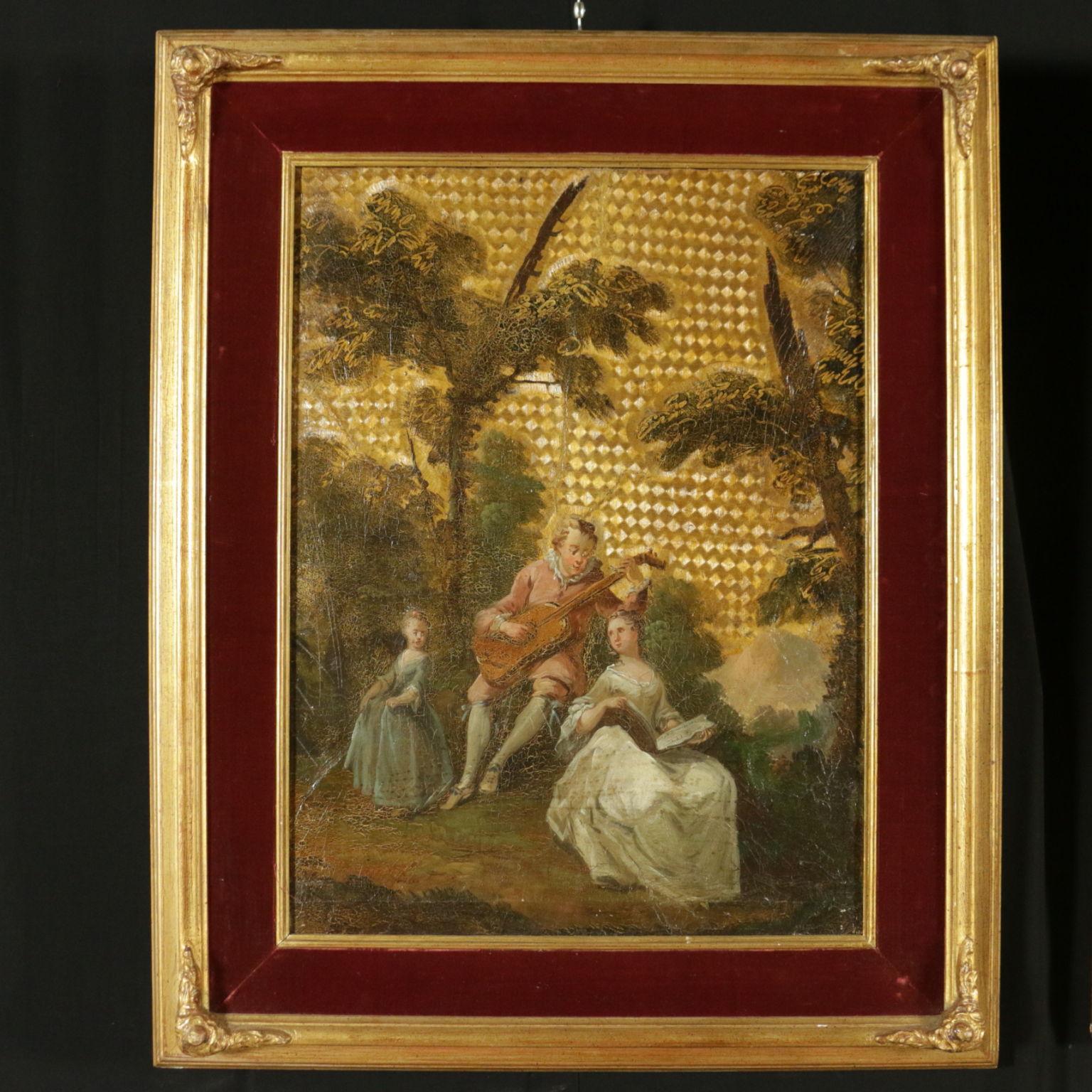 Matching Paintings on Leather 18th Century, Gallant Scene and Bucolic Scene  - Brown Figurative Painting by Unknown
