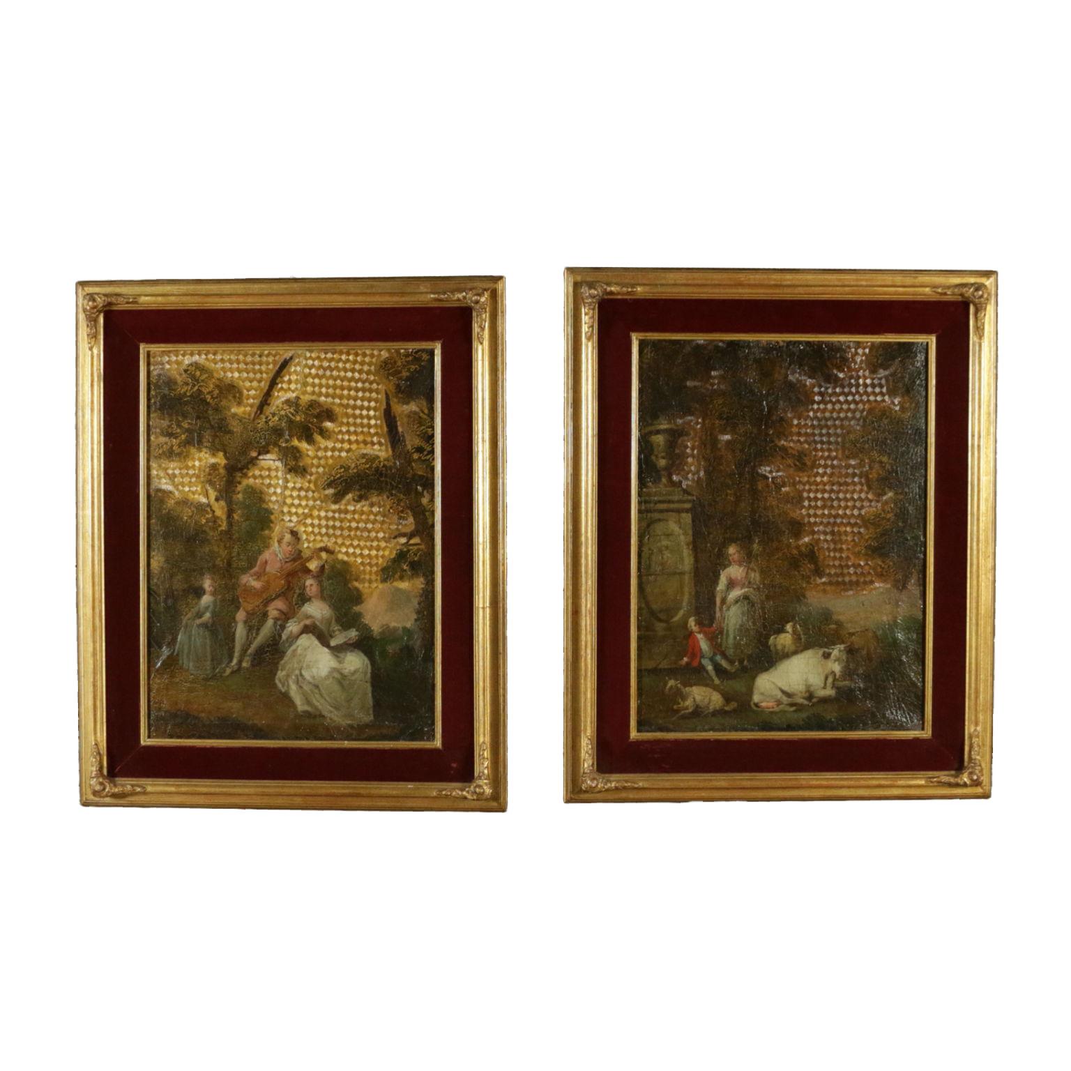 Unknown Figurative Painting - Matching Paintings on Leather 18th Century, Gallant Scene and Bucolic Scene 
