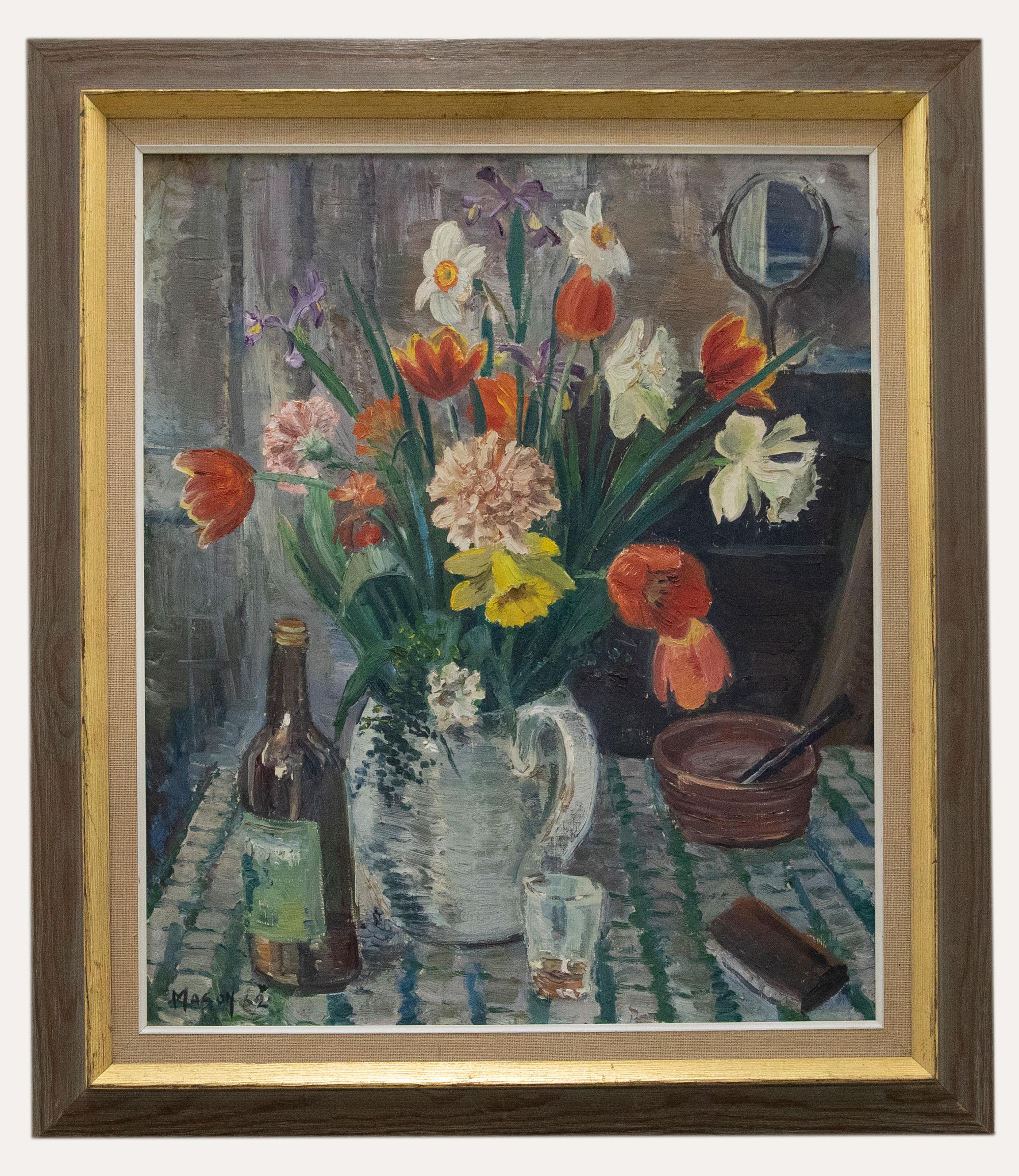 Unknown Still-Life Painting - Mats Mason (1894-1983) - Swedish School 1962 Oil, Spring Flowers