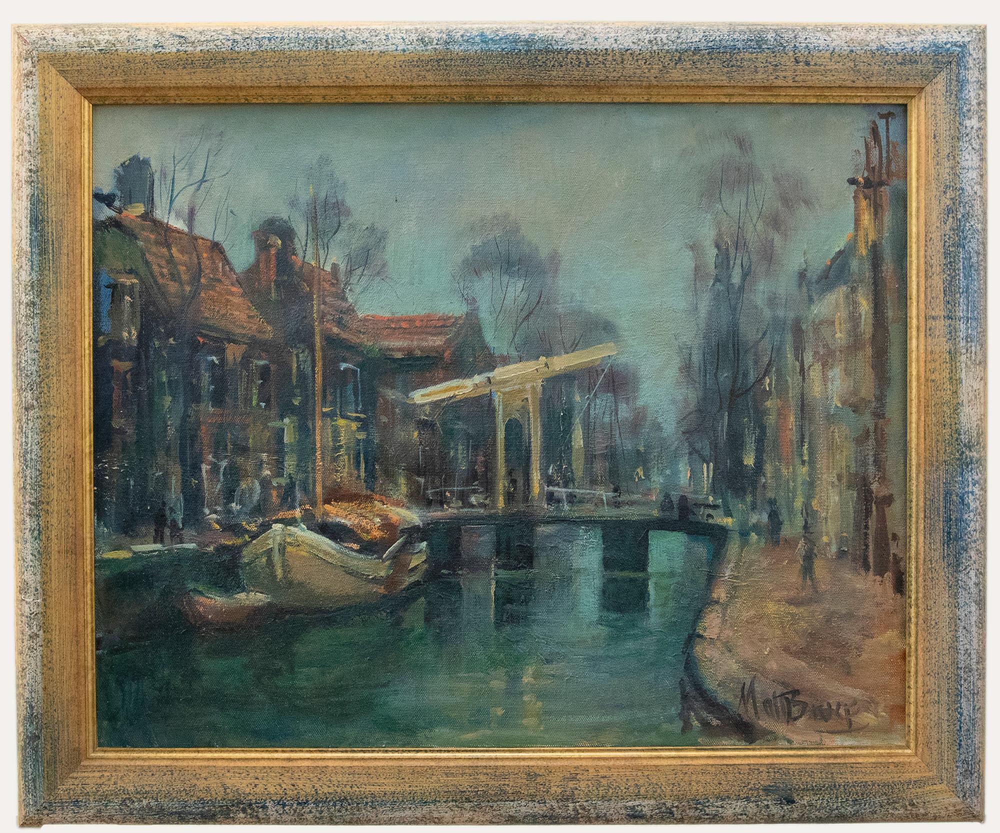Unknown Landscape Painting - Matt Bruce RI (1915-2000) - Framed 20th Century Oil, Moored Boats