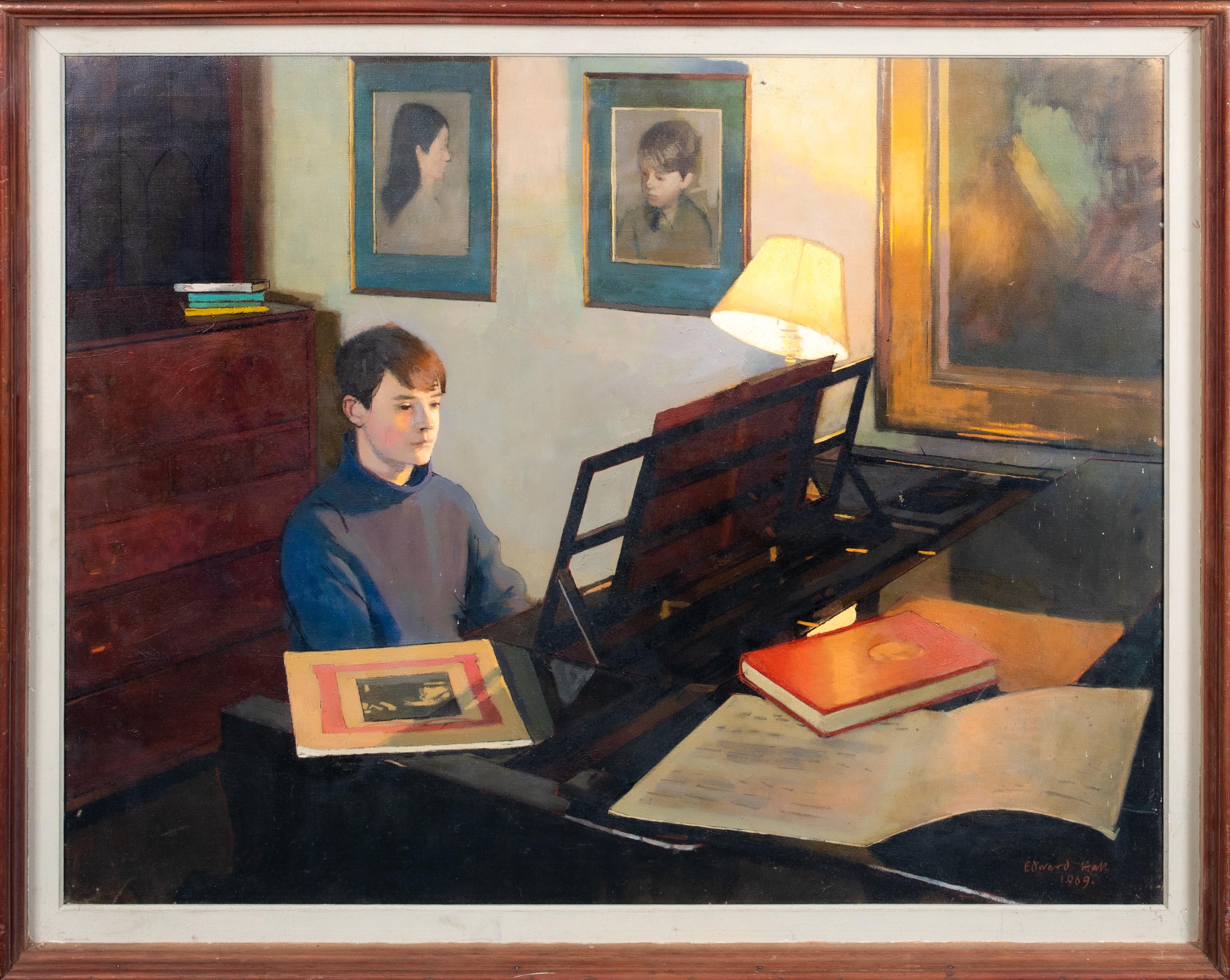 Unknown Portrait Painting – Matthew At The Piano, datiert 1969  EDWARD HALL (1922-1991)
