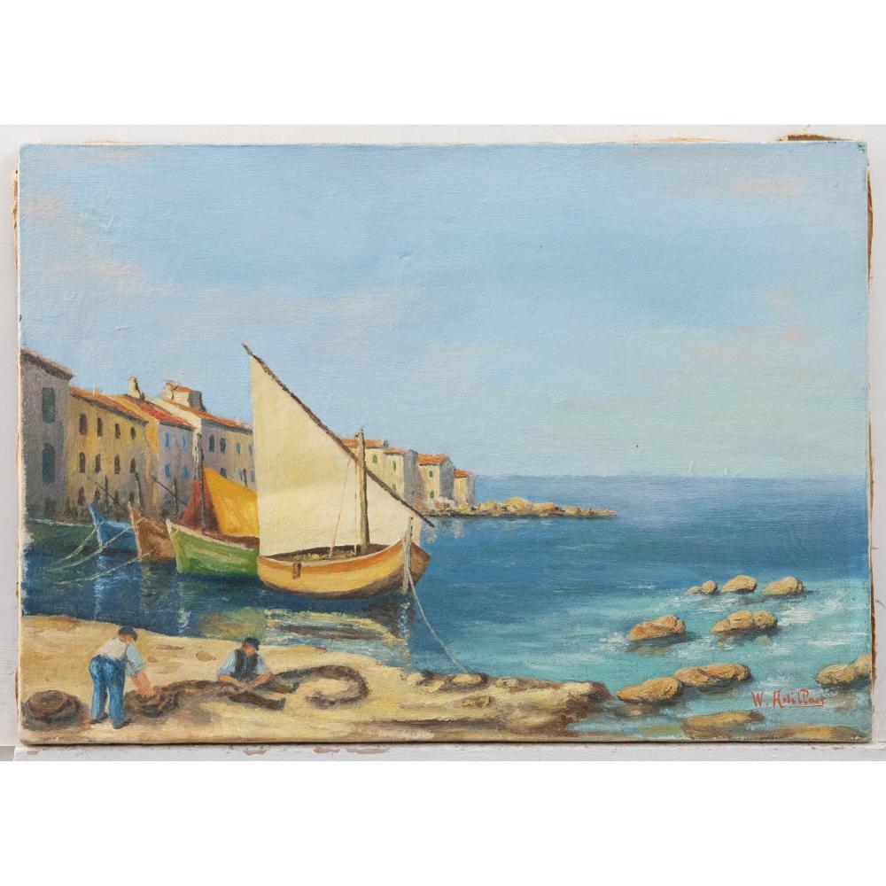 Maurice Antillan - 20th Century Oil, Rocky Cove with Boats - Painting by Unknown